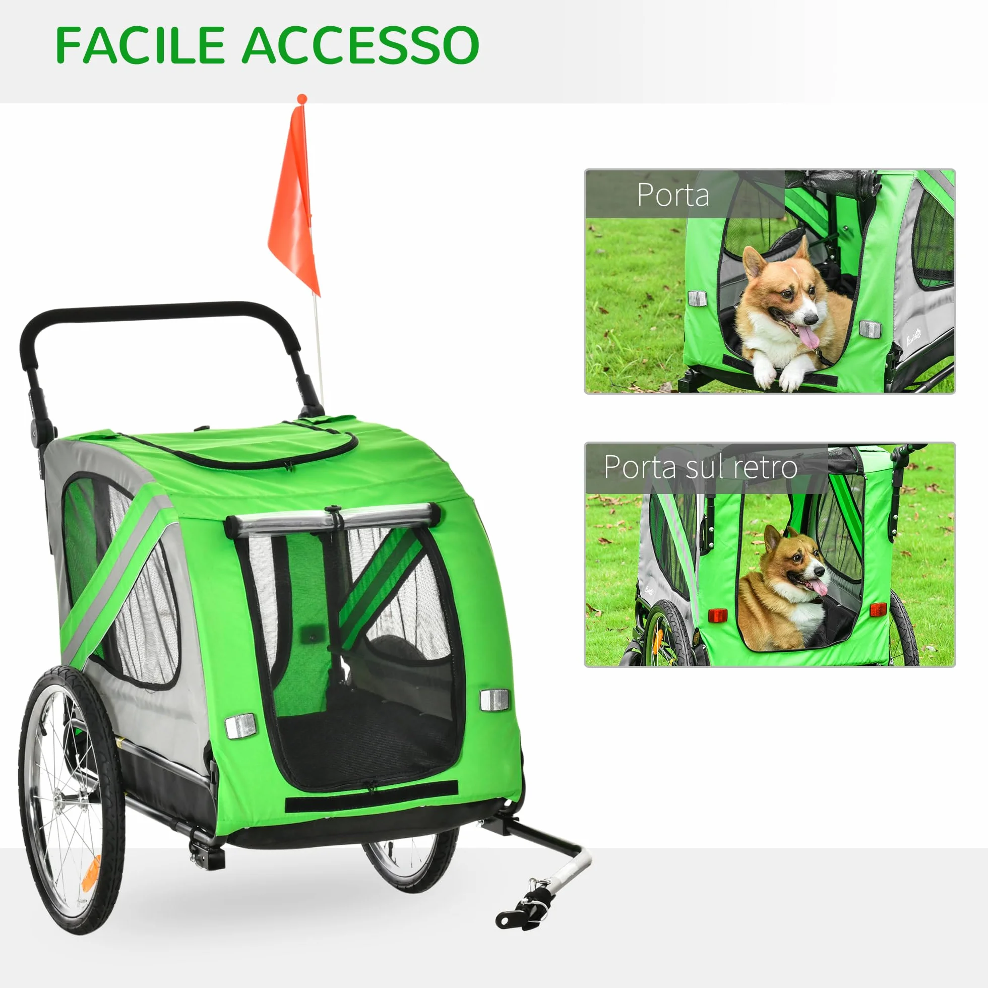 PawHut Rimorchio Bici e Passeggino per Cani 2 in 1, Carrello Bici in Acciaio e Tessuto Oxford con Catarifrangenti e Bandierina