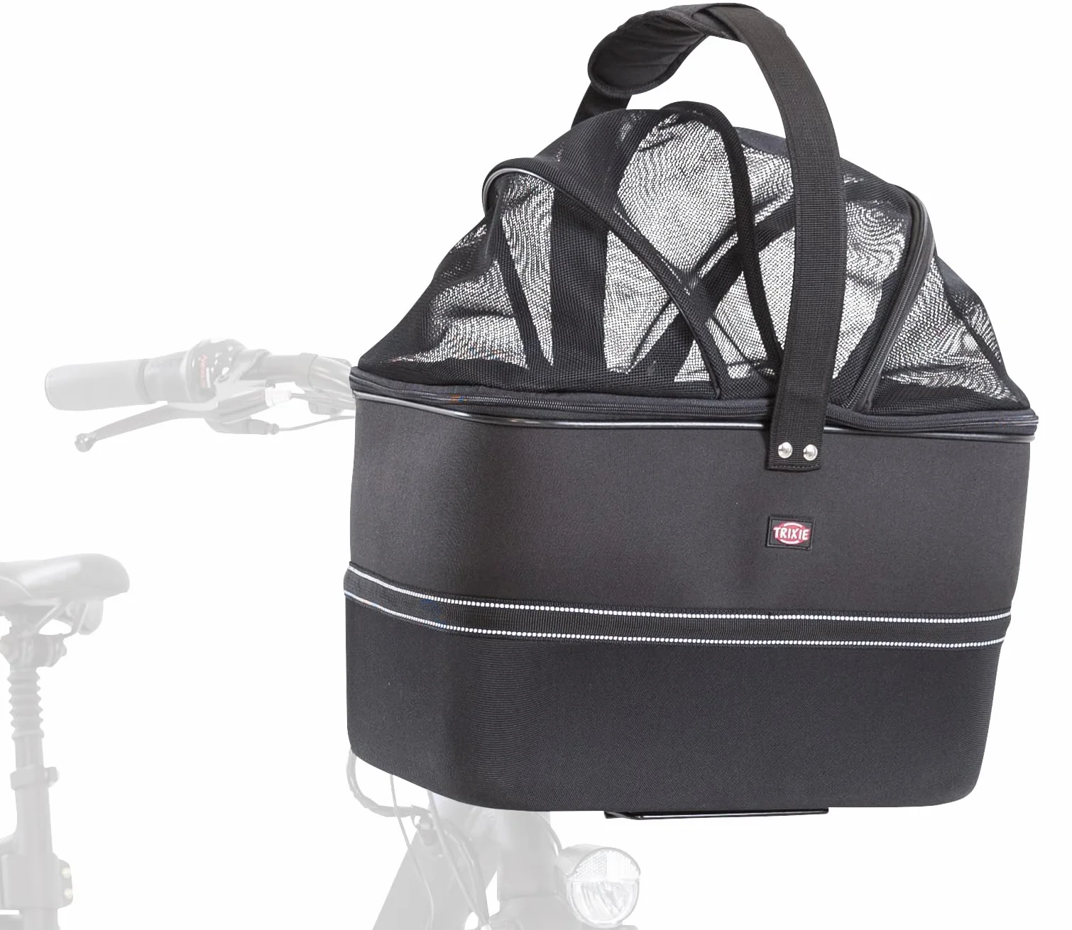 Trixie Cestino Bici Frontale per Cani – Manubrio – Fino a 6 kg – 41 × 47 × 29 cm – Cestino Sicuro con Coperchio a Rete & Protezione Impermeabile Antipioggia Rimovibile