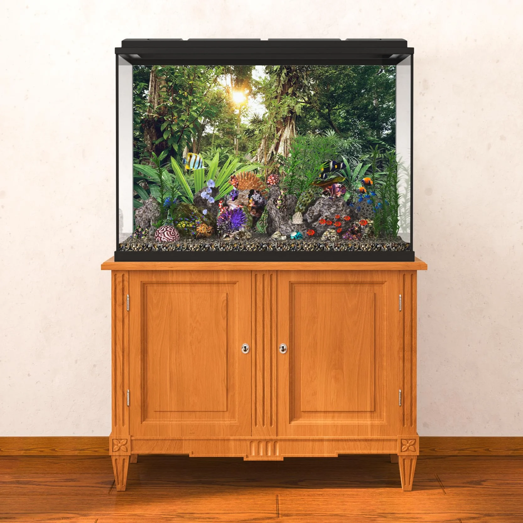 91x50cm Foresta Profonda Terrario Sfondo Sole Piante Tropicali Alberi Acquario Sfondo Foresta pluviale Rettile Habitat Sfondo Vinile