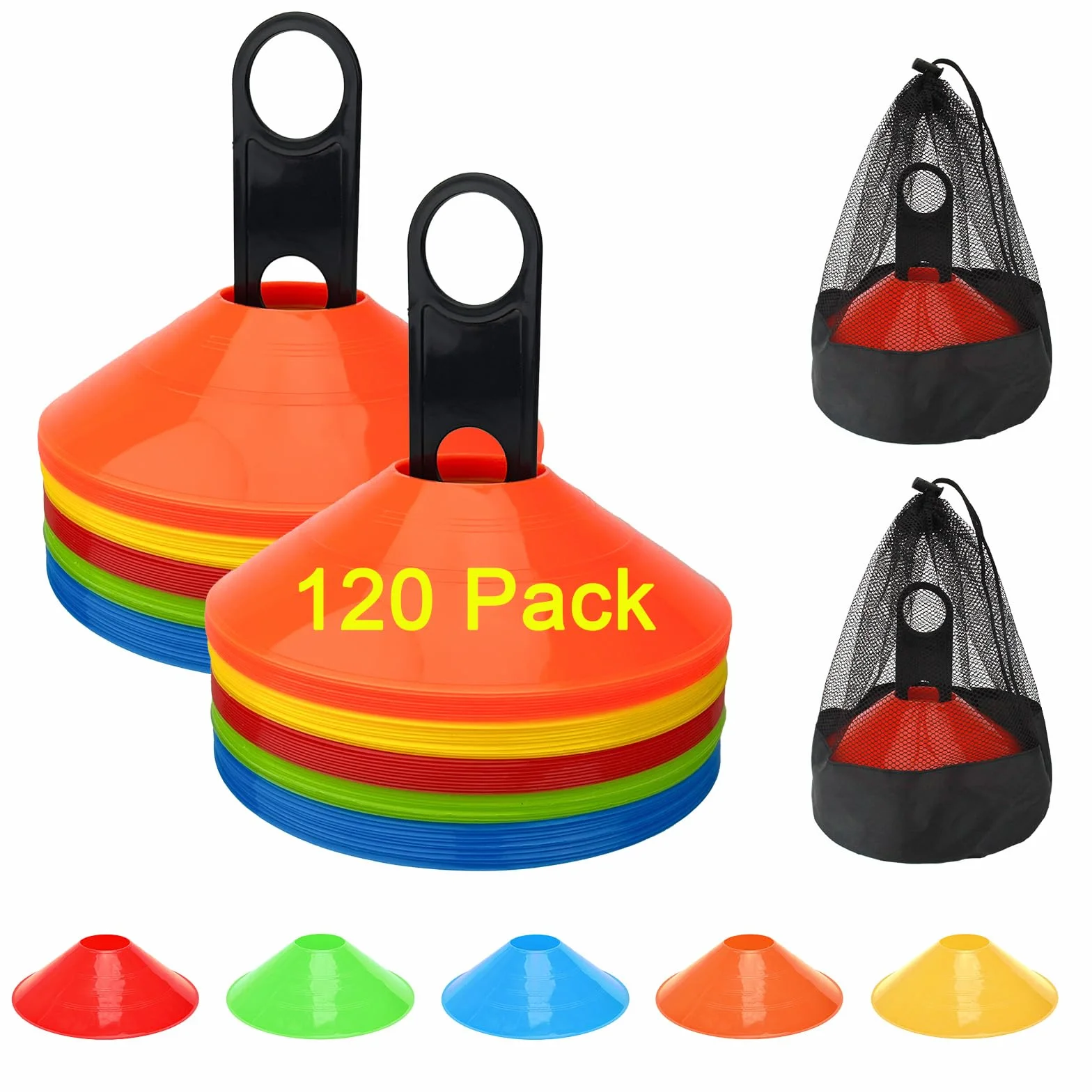 BIRDDIE Confezione da 60/120 coni da allenamento per calcio, sport e calcio, coni per agilità con borsa per il trasporto e supporto per trapani, basket, allenamento, attrezzatura pratica, 5 colori