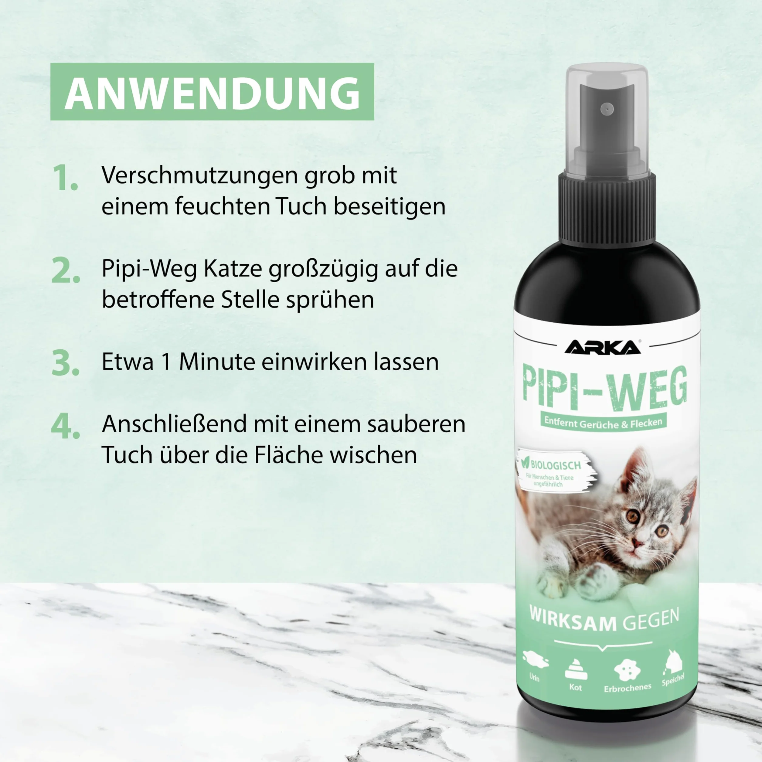 Spray enzimi urina gatto 100 ml – Pipi-Gone di ARKA – rimuove odori e macchie di pipì, feci e vomito – sicuro, biologico e senza profumi – ideale per viaggi, test, lettiera, divano, tappeti, tessuti