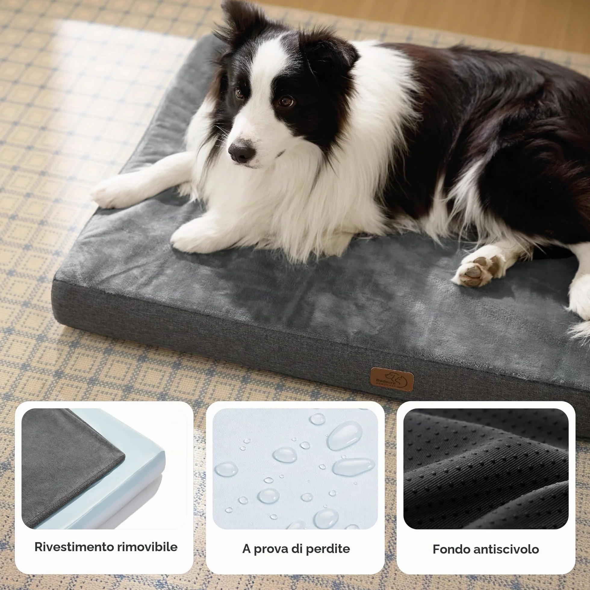 Bedsure Cuscino per cani in memory foam ortopedico, letto per cani interno lavabile antiscivolo, grigio 89x56x8 cm