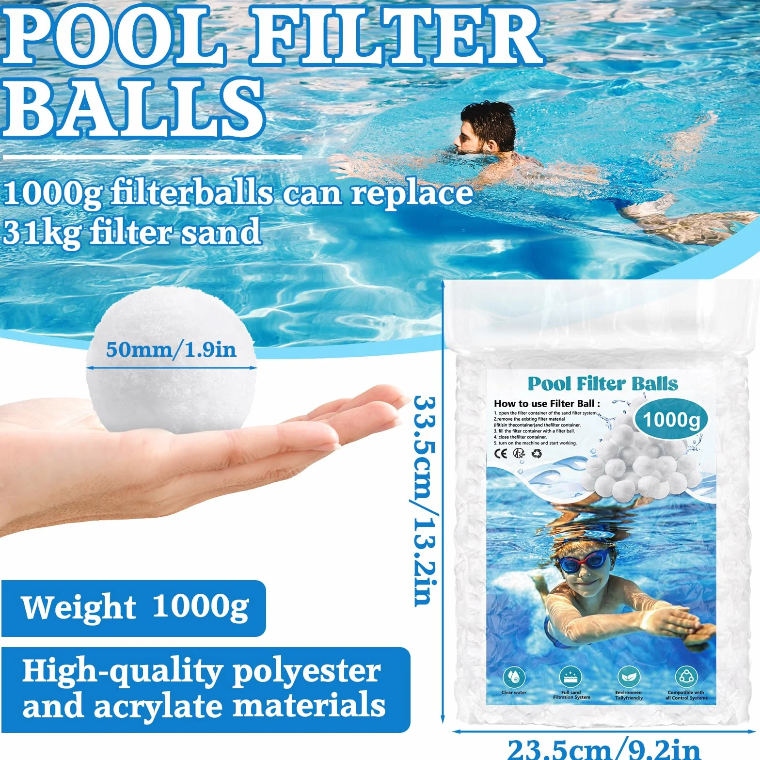 1000g Filtro Balls,Palline Filtranti per Piscina,Sfera Filtrante per Piscina,Filtro a Sfere di filtrazione,Essere riutilizzato,per Filtro Piscina,Adatto a Vari Filtro a Sabbia,Pompe Filtranti