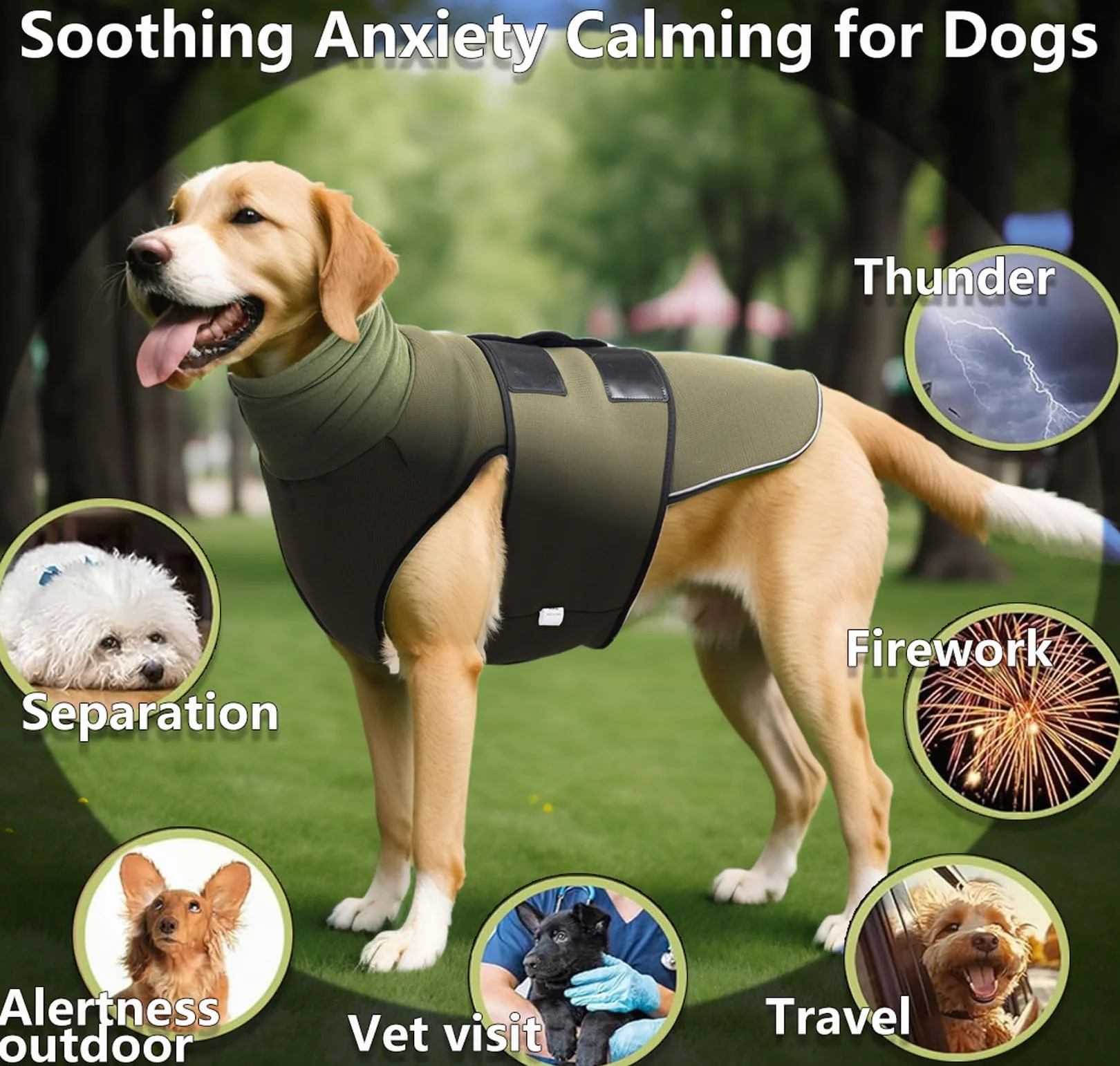Cappotto Anti Ansia per Cane con Copricapo Giacca Mesh Traspirante Cinghia Regolabile Strisce Riflettenti Calmare L'ansia del Cane (Olive XS)