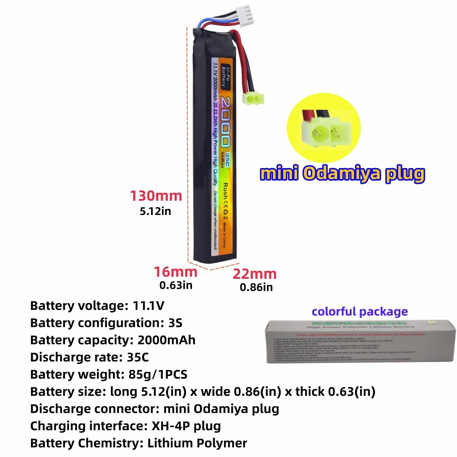 2PCS 11.1V 35C 2000mAh batteria agli ioni di litio Odamiya spina con cavo di ricarica USB per Airsoft modello pistola fucile RC auto drone batteria