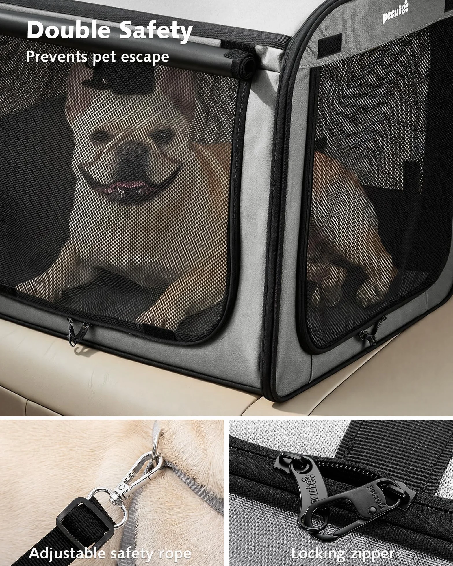 Pecute Trasportino Cani Stabile Leggero, per viaggi e auto, Portatile Con Finestre Traspiranti, Pieghevole Per Animali Domestici, Uso Interno Esterno, 61×45×52 cm, Grigio