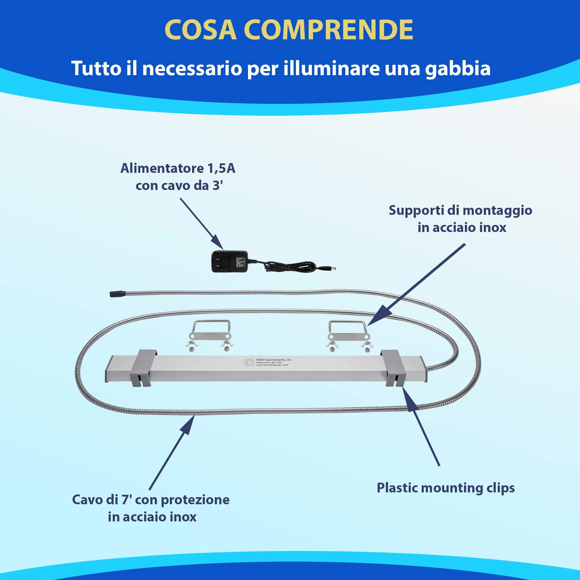 M&M Cage Company Luce per Gabbia HappyBird con Protezione Anti-Morso – LED a Spettro Completo – Illumina in Modo Naturale – Sicura per Pappagalli – Facile da Installare