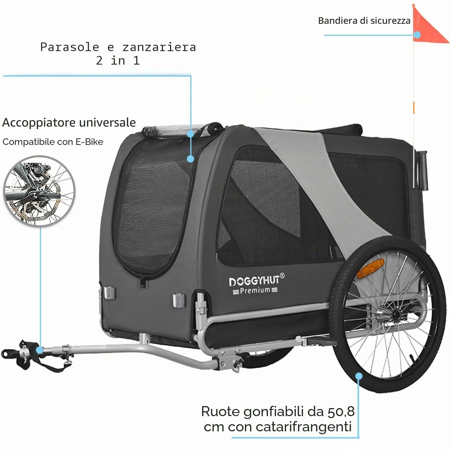 DOGGYHUT® - Rimorchio per bicicletta 2 in 1 per cani e jogging, 23 – 45 kg, per cani, per bicicletta, 80106 (grigio)