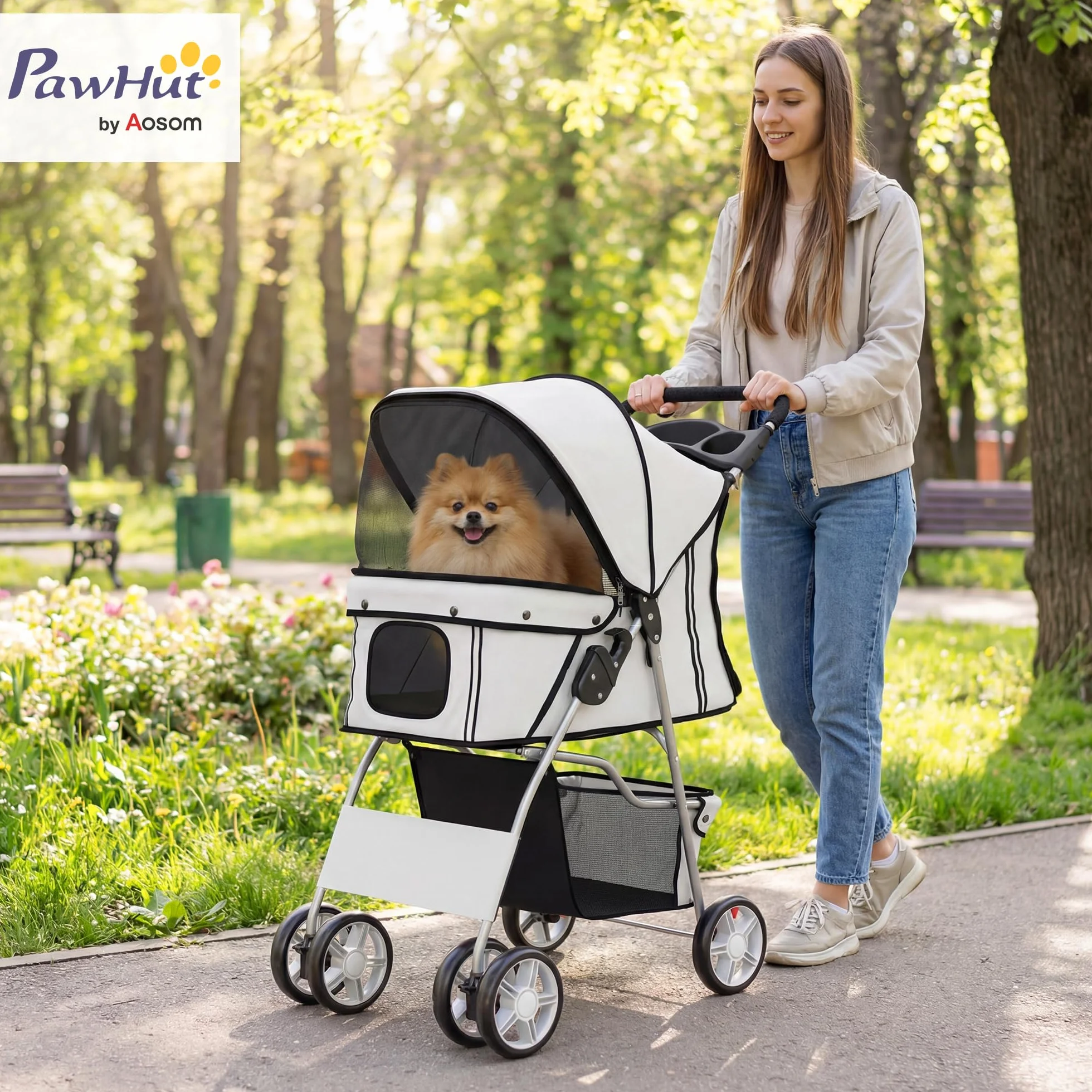 PawHut Passeggino per Cani Pieghevole Carrello per Animali Domestici Carrello Carrozzina Grigio 75 x 45 x 97cm