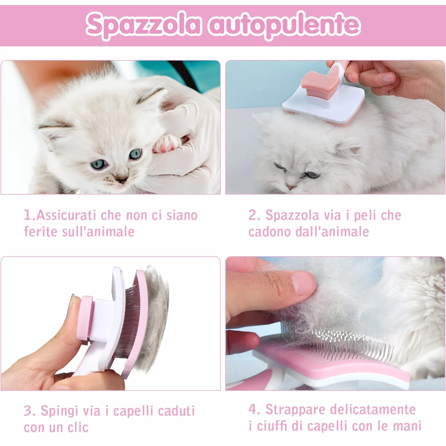 Vinabo Spazzola autopulente per animali domestici, spazzola per pelo lungo e corto, per cani e gatti, elimina efficacemente la tomentosi, sottopelo, grovigli, rosa