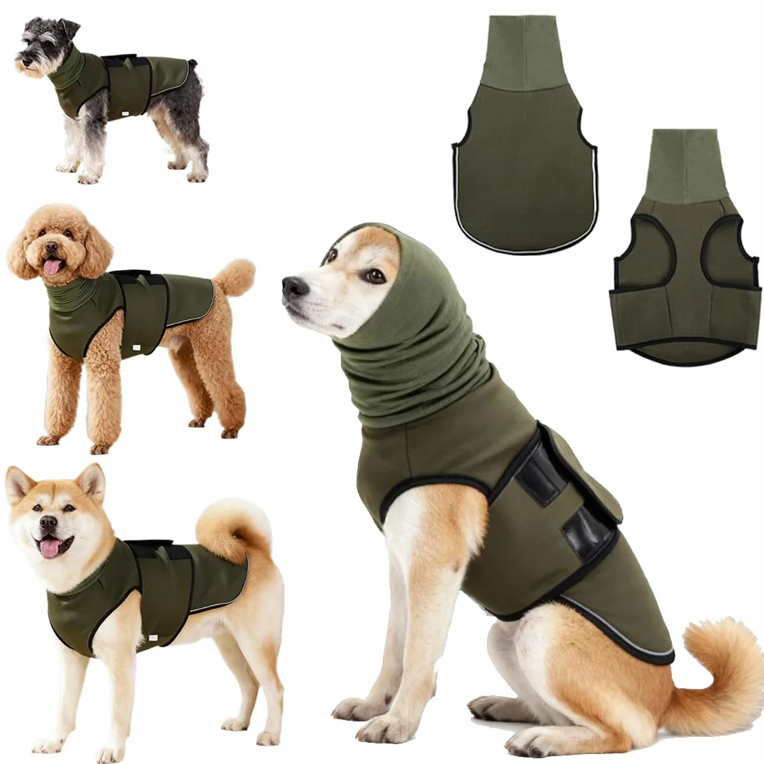 Cappotto calmante per cani con protezione orecchie e strisce riflettenti antistress (XL)
