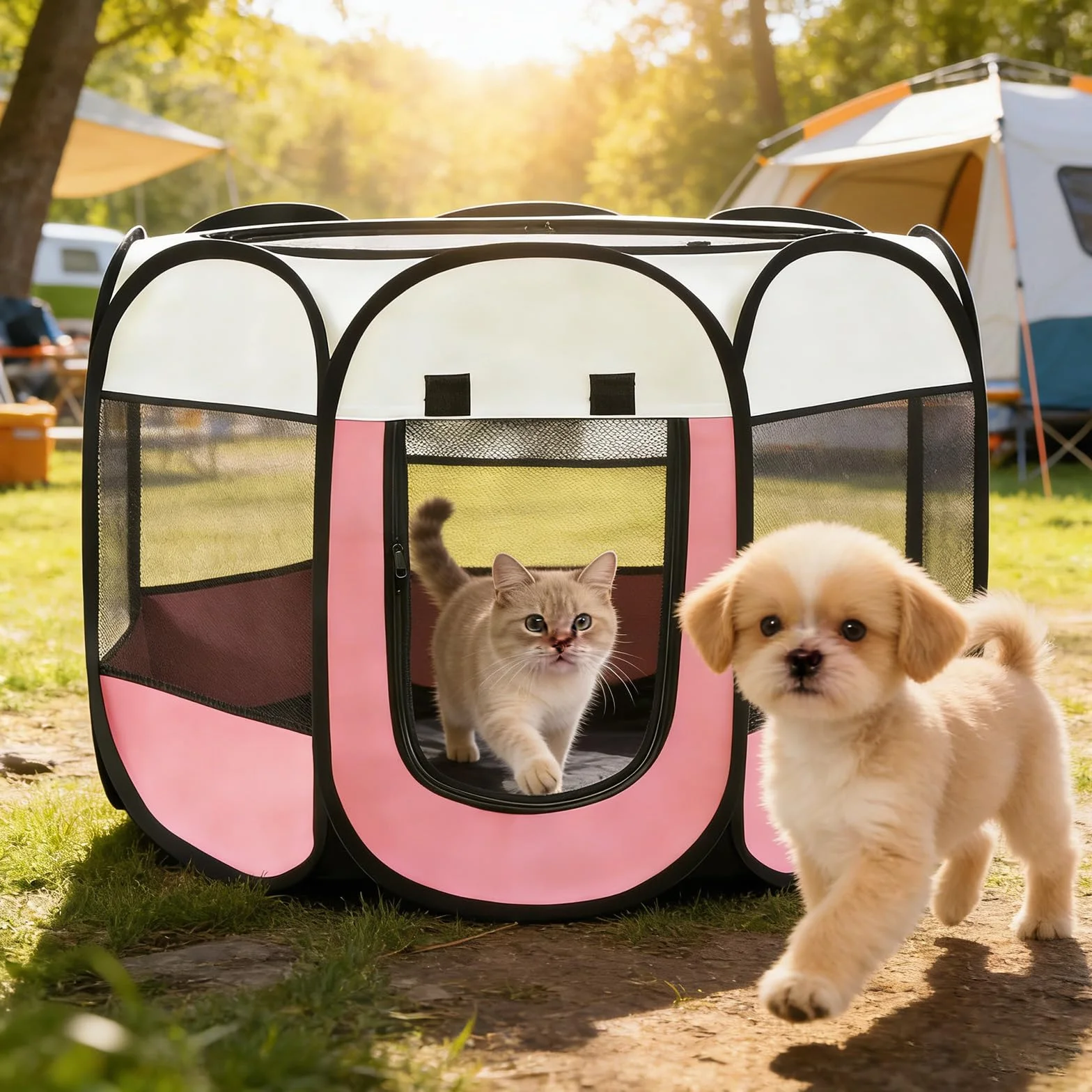 Recinto per Cani da Interno, 74x74x43cm Gabbia per Gatti recinto per conigli da interno kennel cane piccolo Box Pieghevole per Cane, Gabbia per Gatto Esterno (rosa + bianco crema, 74x74x43cm)