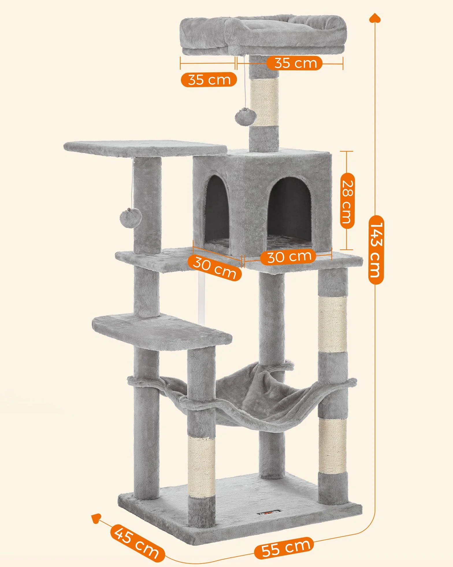Feandrea Albero per Gatti Alto 143 cm, Tiragraffi per Gatti, con 4 Pali Graffiatoi, 2 Posatoi, 1 Grotta, 1 Amaca, 2 Pompon, in Peluche a Più Livelli, Grigio Chiaro PCT161W01