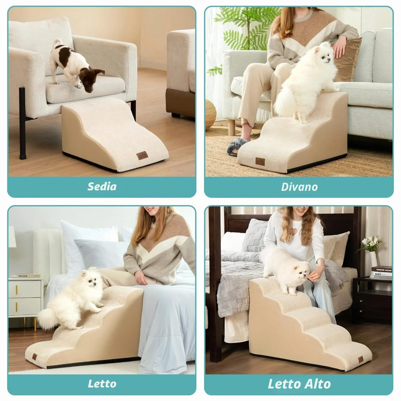 Scale per Cani di Piccola Taglia con Rampa per Gatti, 40x57x40cm, 3 Gradini, Beige