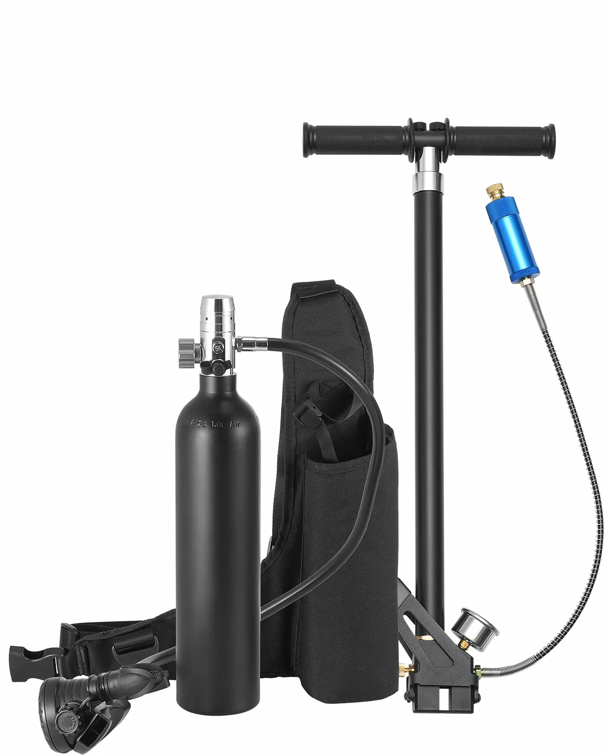 VEVOR Bombola Subacquea Portatile, capacità del Cilindro 1 L Bombola di Ossigeno per Immersioni, Supporta 15 a 20 Minuti di Respirazione Subacquea, profondità di Immersione 30 m con Pompa, Nero