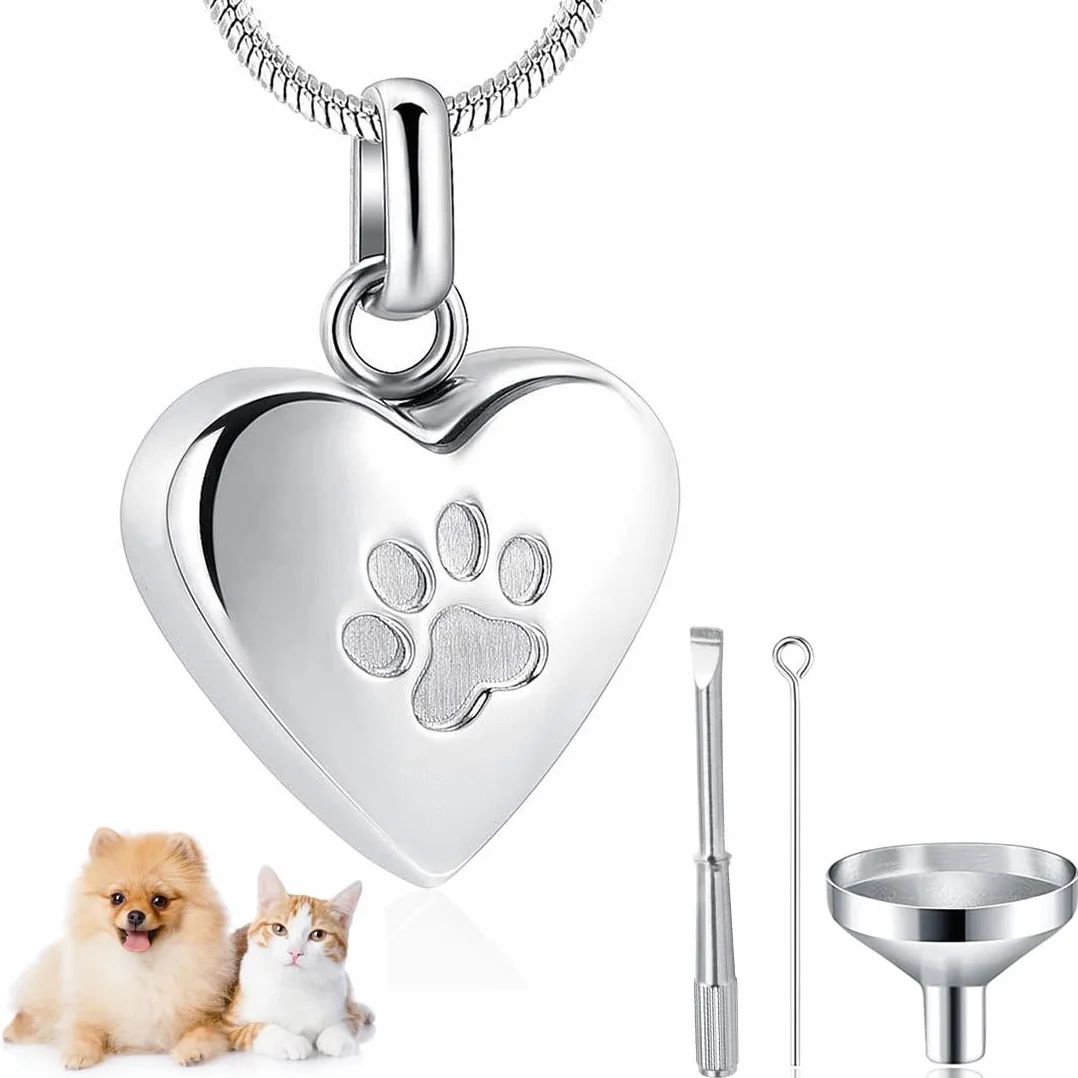 Gioielli Cremazione Animali Domestici Ceneri Ciondolo Stampa Zampa Animali Domestici Collana con Urna Forma Cuore Gioielli Commemorativi per Ceneri di Animali Domestici/Cane/Gatto（Argento）
