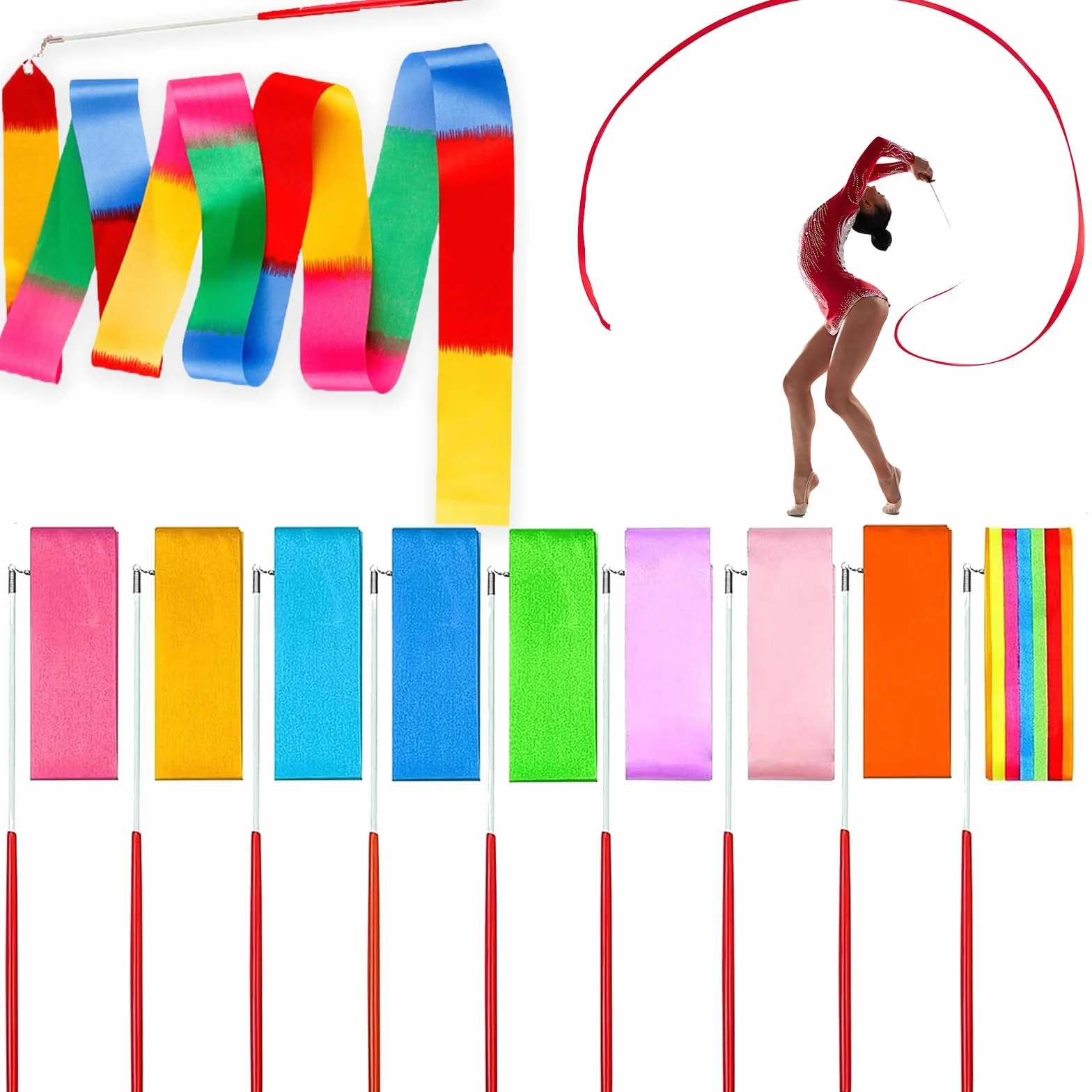 Nastri Ginnastica Ritmica 10 Pezzi 2M Bacchette per Bambini Danza Baton Twirling Sportiva