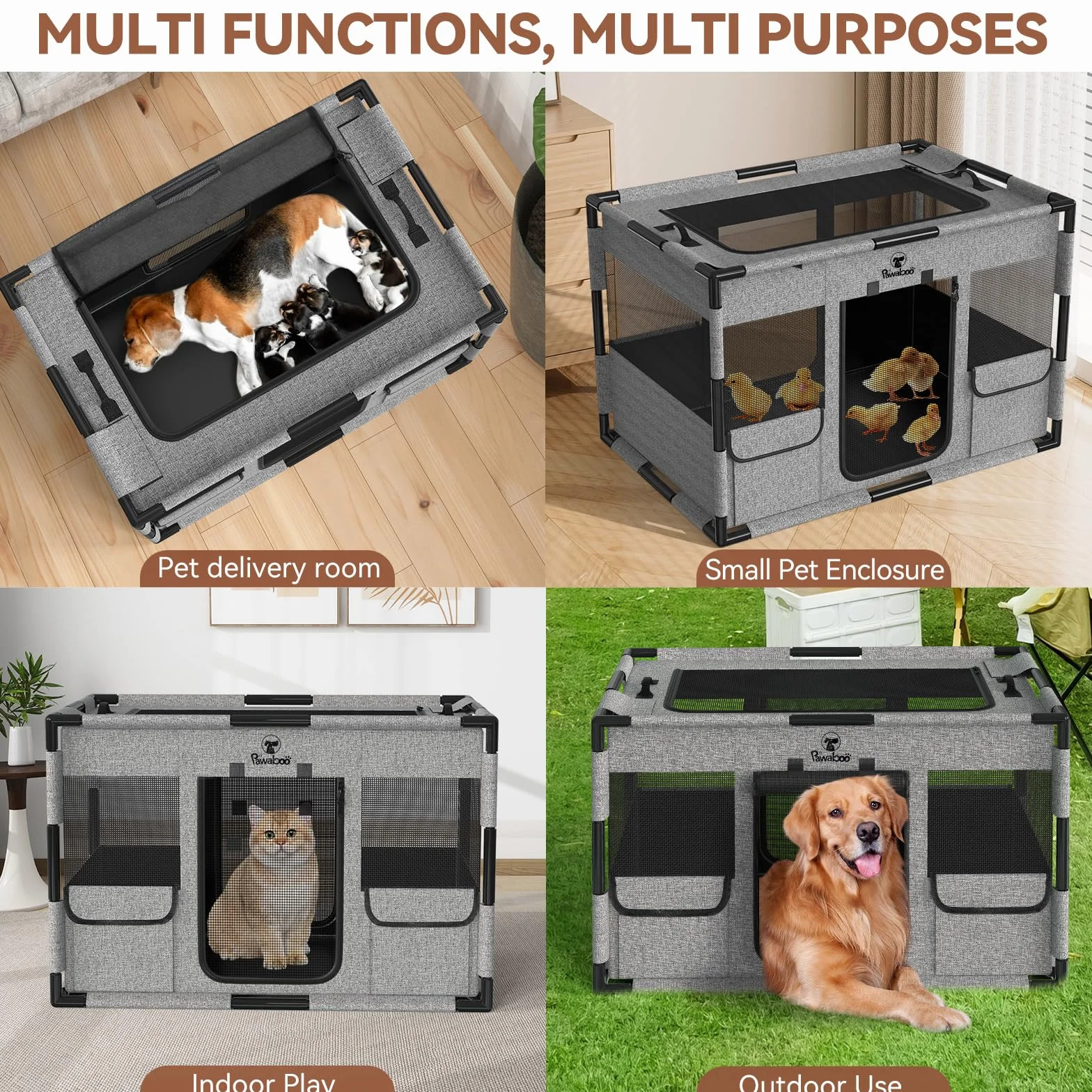 Pawabo Recinto per Cani con Copertura e Cancello, L, Nero & Grigio