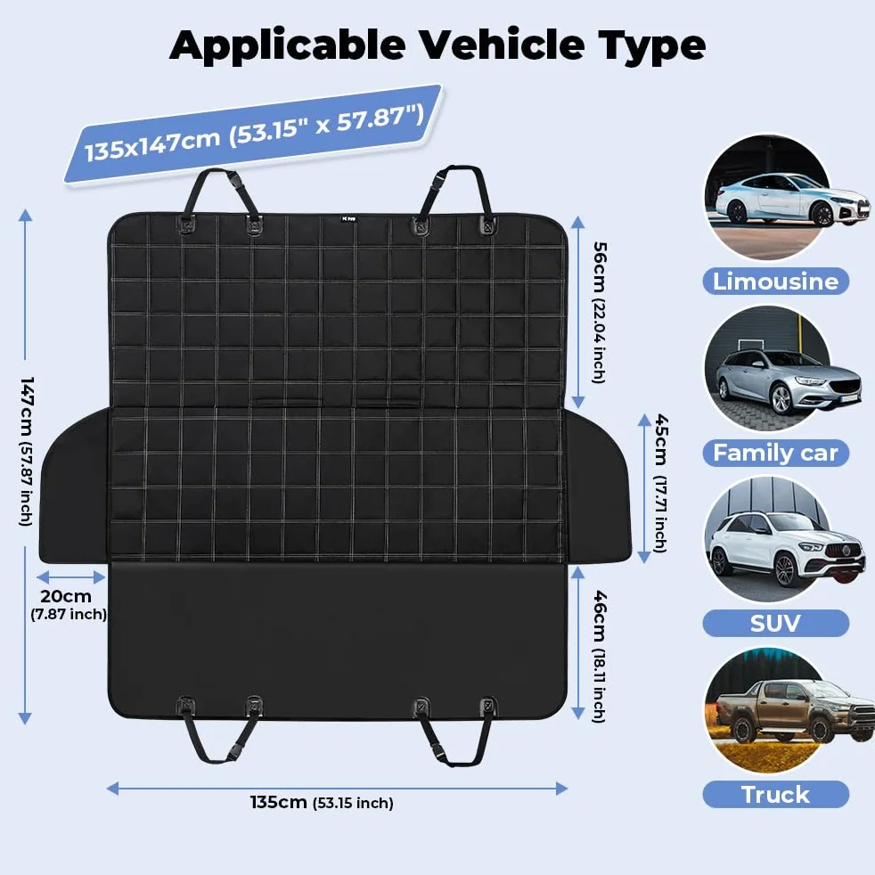 KYG Copertura per cani per sedile posteriore dell'auto 4 in 1, sedile posteriore con protezione laterale, 100% impermeabile, antigraffio e antiscivolo, per auto, camion e SUV, 135 x 147 cm, nero