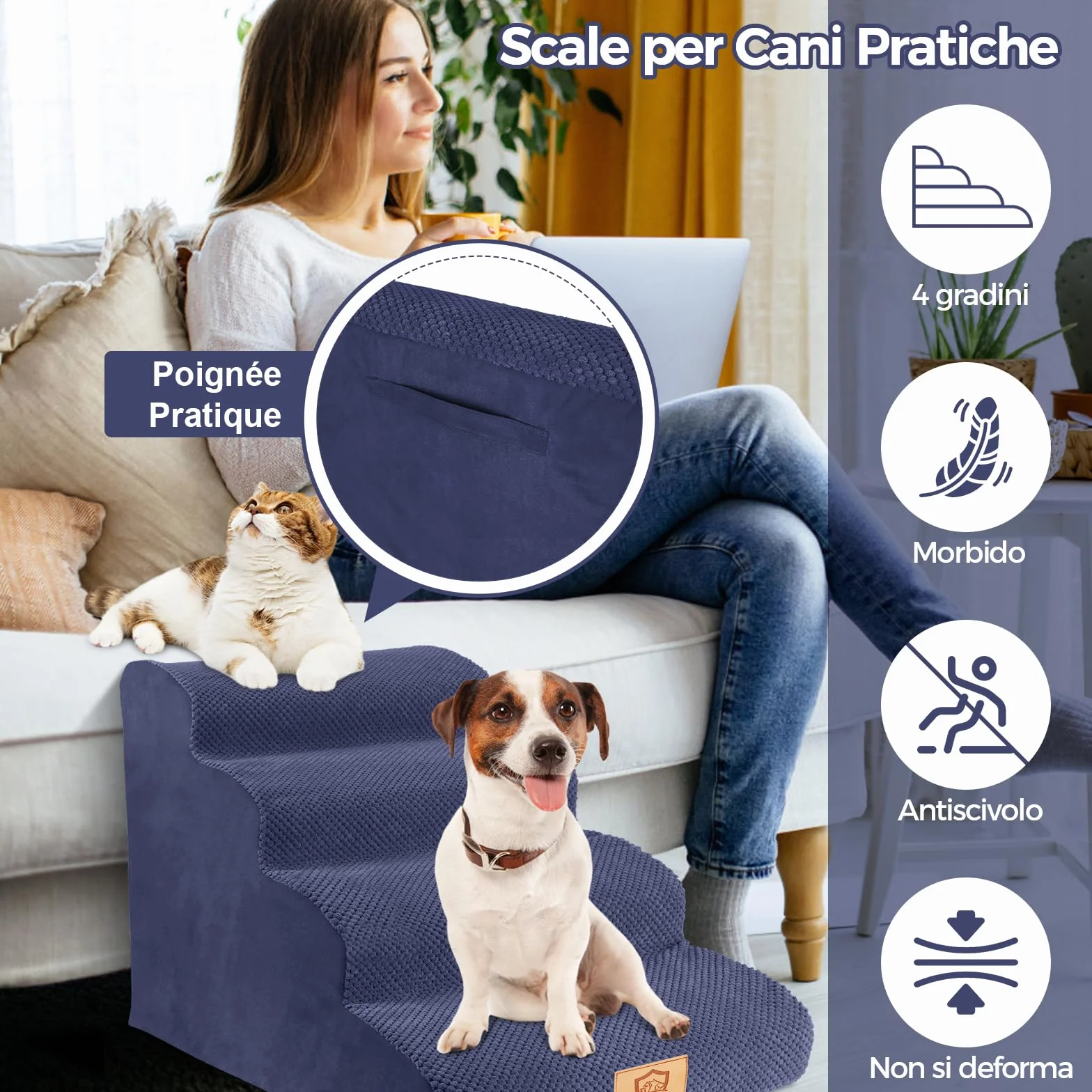 MASTERTOP Scala per Cani 4 Gradini Antiscivolo per Animali Domestici Blu Navy