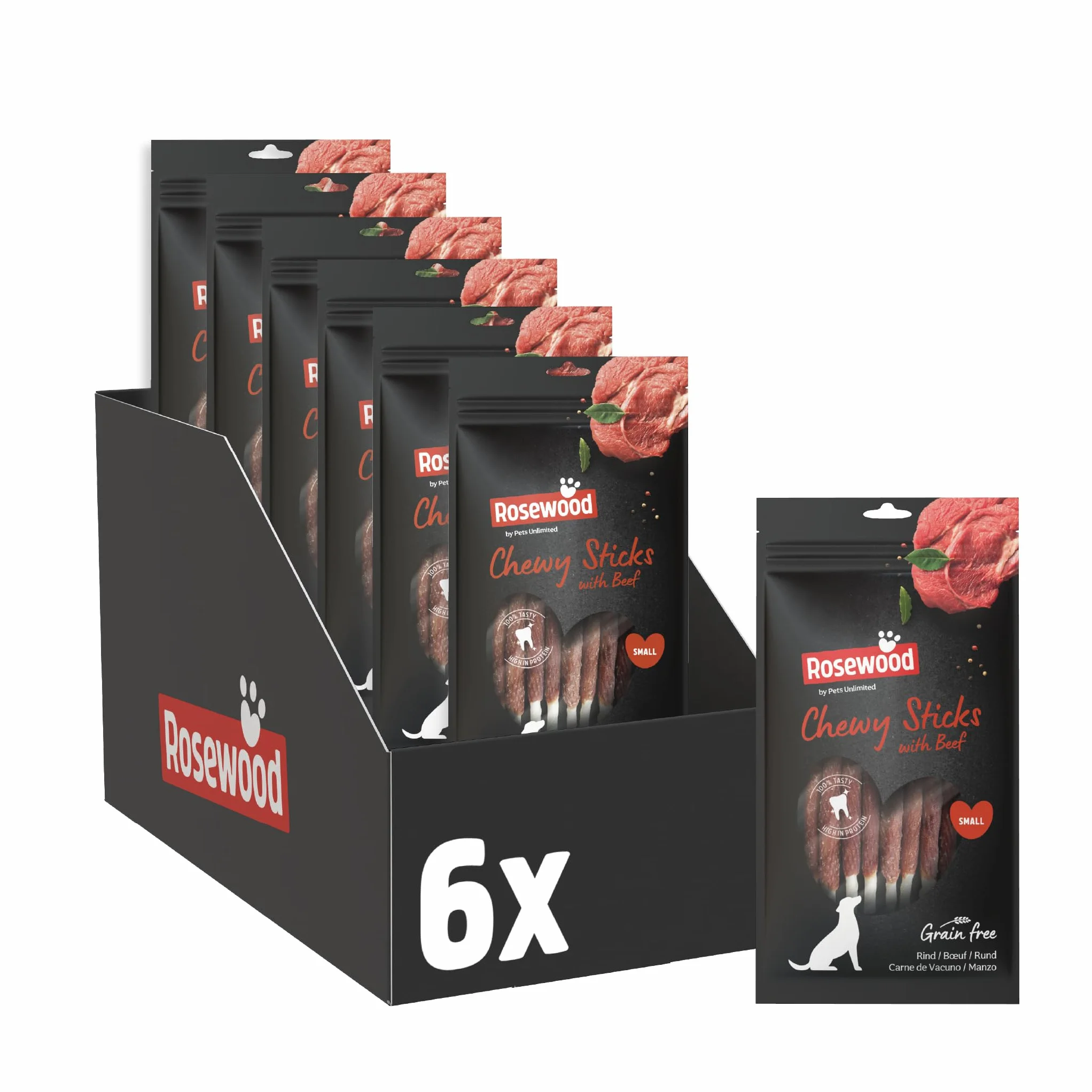 Rosewood Chewy Sticks Manzo Small - Bastoncini da masticare per cani con carne di manzo, supporta la cura dei denti, senza cereali, glutine e additivi artificiali, confezione da 6 (6x72 g)
