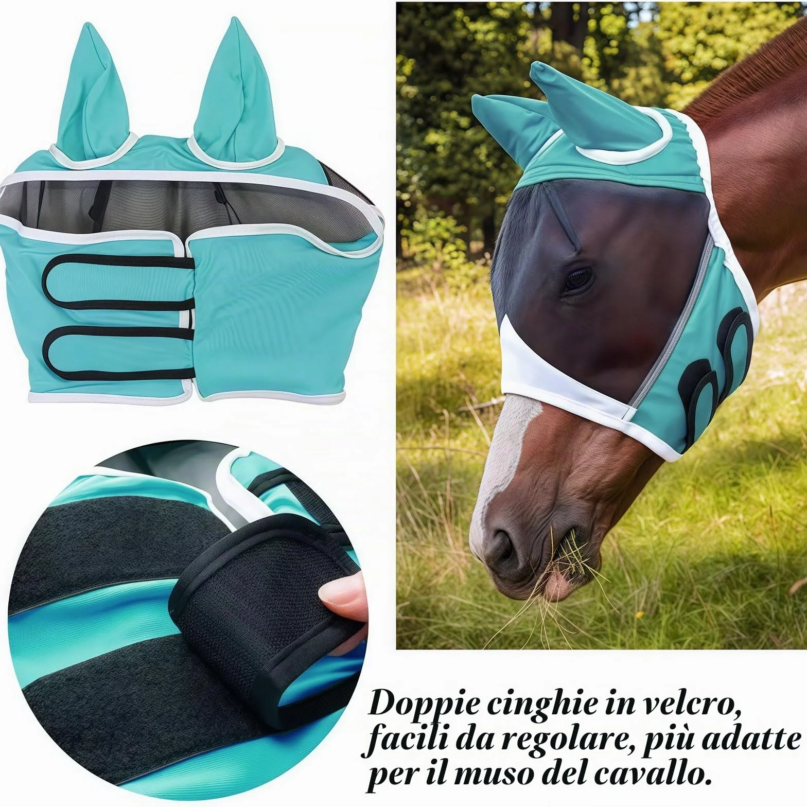 Maschera antimosche per cavalli traspirante elastica con orecchie (M)