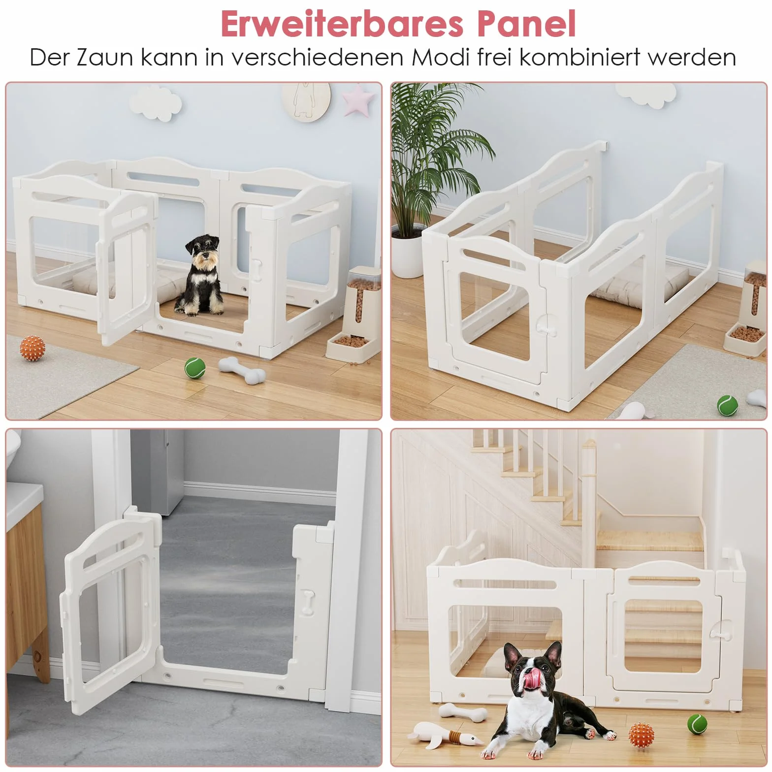 Clevich Recinto per Cani da Interno in Acrilico 129 × 68 × 60 cm, 5 PCS +1 Pannelli con Porta a Chiusura, Recinto per Cani Pieghevole con Ventose, Parco adatto per Appartamento, Bianco