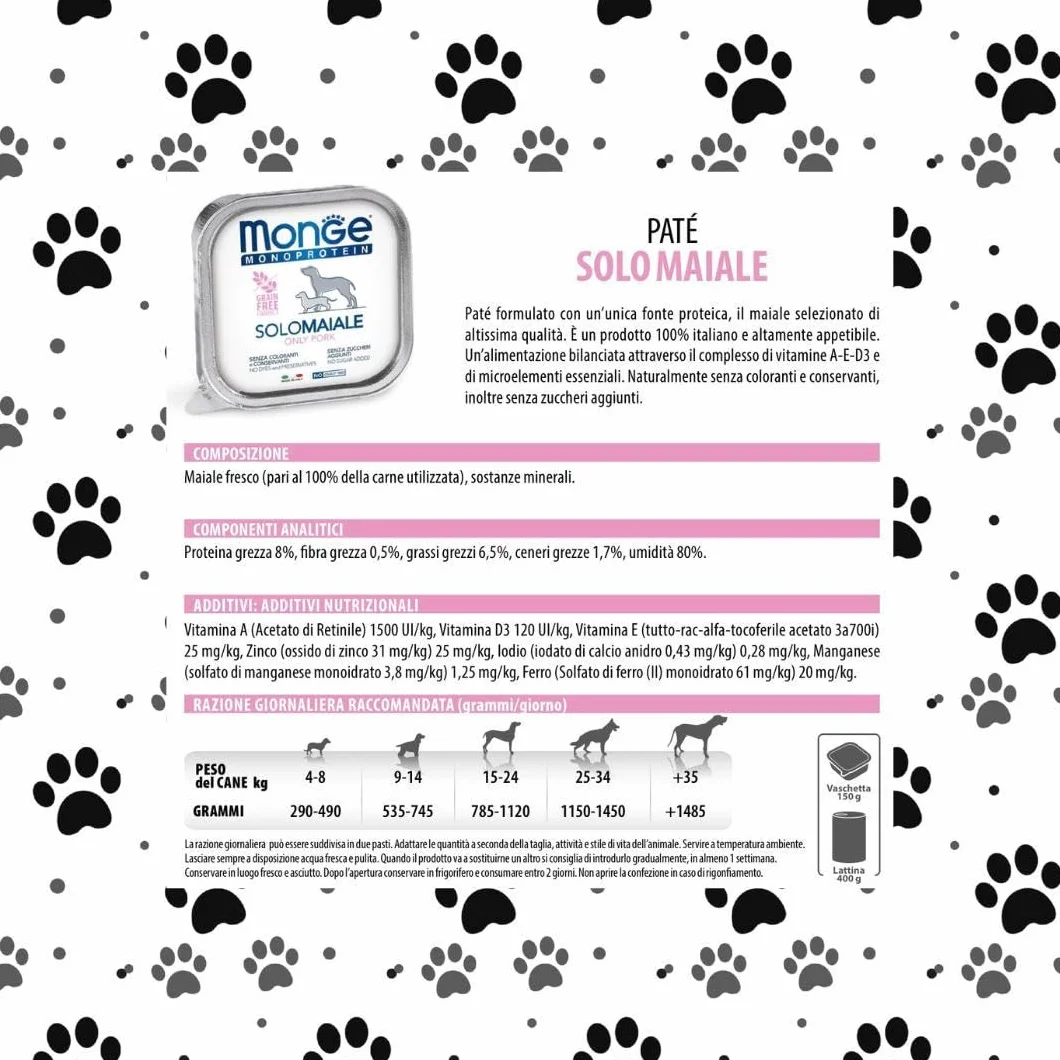 Monge Monoprotein cane, umido monoproteico per cani di tutte le taglie gusto SOLO MAIALE formula grainfree | 12 vaschette da 150 grammi l'una.