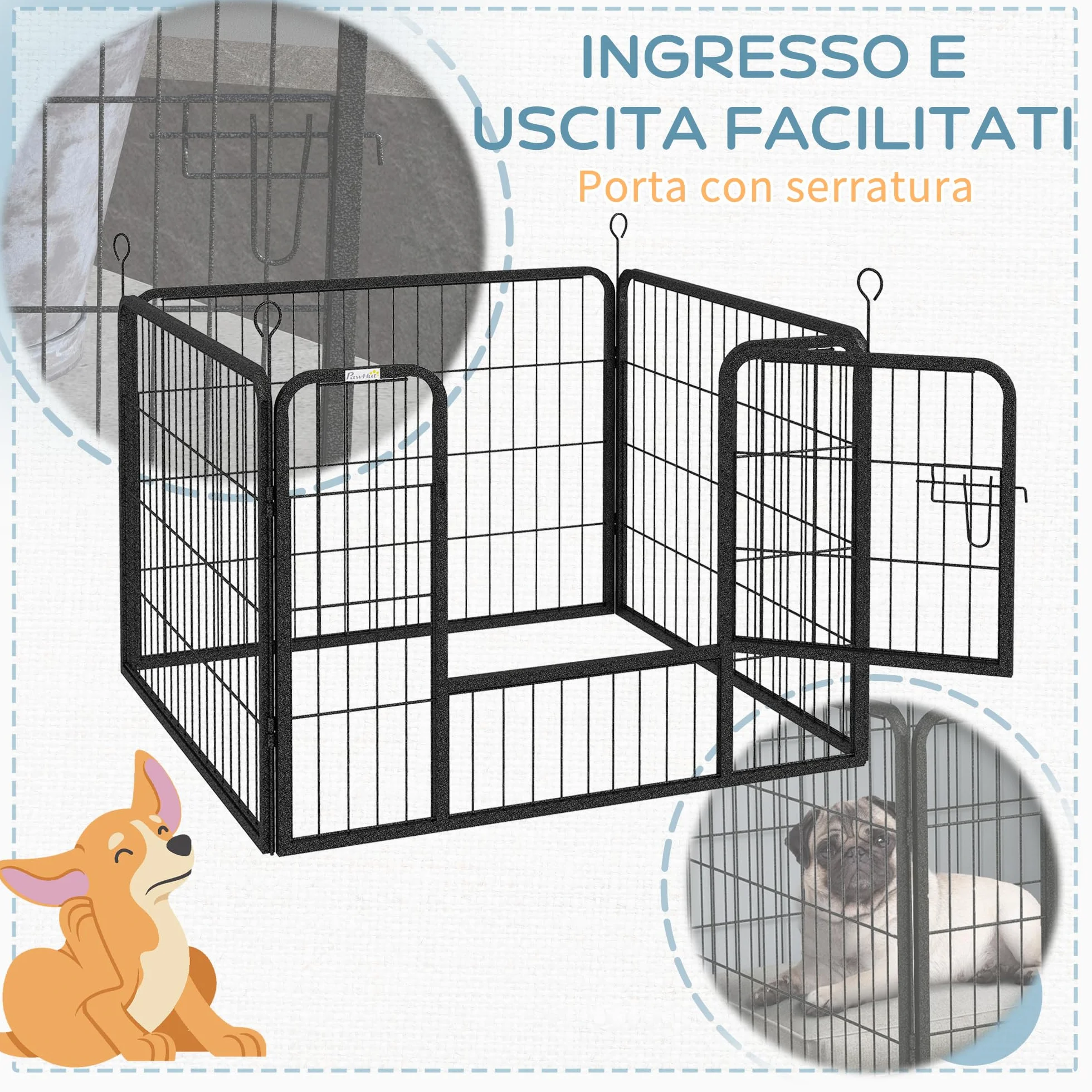 PawHut Recinto per Cani Pieghevole in Metallo, per Interno ed Esterno con Porta con Catenaccio e Picchetti, 82x82x60cm Grigio