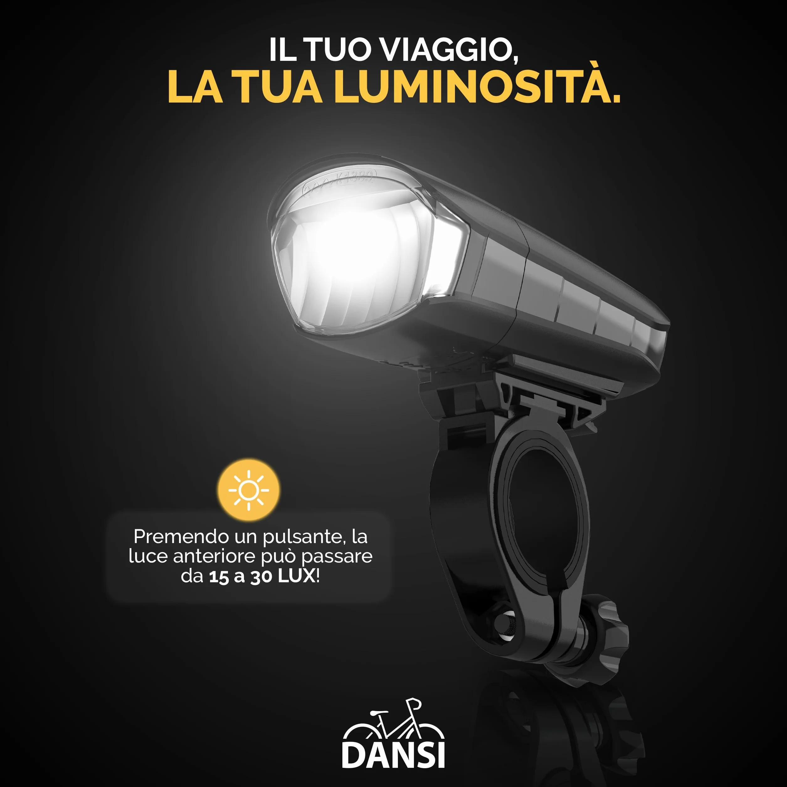 DANSI LED Light Set - Illuminazione per biciclette omologata StVZO con 60, 30 e 15 Lux | Illuminazione per biciclette a LED anteriore + posteriore | Regolazione automatica dell'illuminazione