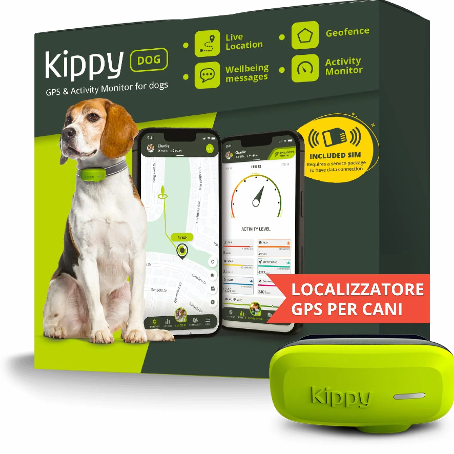 Kippy DOG | GPS per Cani - Localizzatore per Cani Impermeabile con GPS per Collare - Tracker di Attività e Salute del Tuo Cane, con Recinto Virtuale e Notifiche - Colore Verde