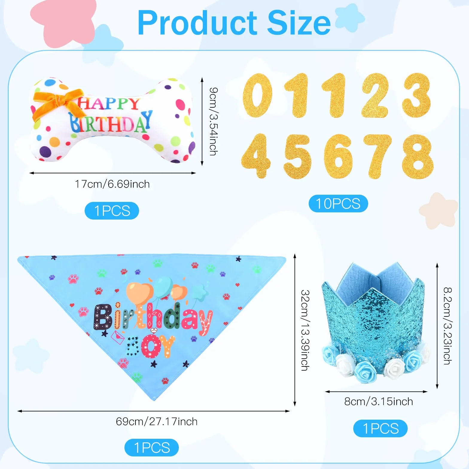 Set Compleanno Cane 4 Pezzi Cappellino Bandana Giocattolo Osso Numeri Regalo Blu