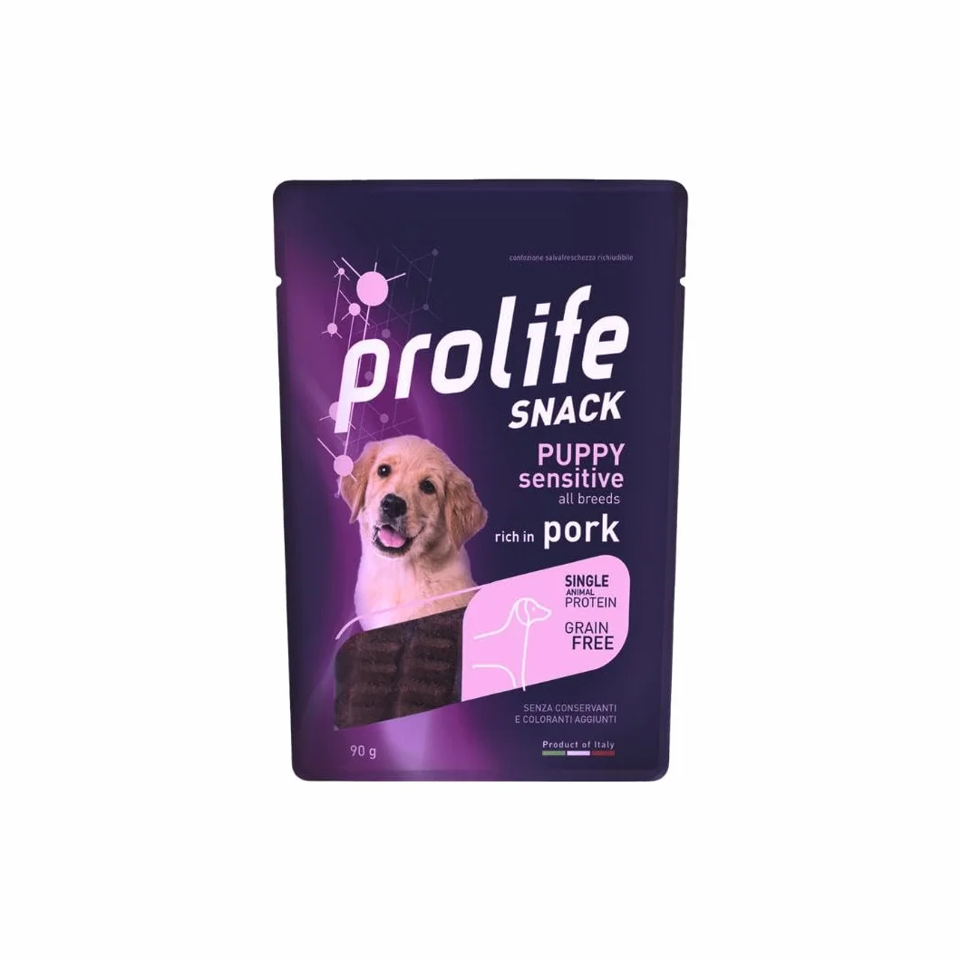 Prolife Snack Cane Puppy Sensitive gusto MAIALE, snack per cani cuccioli di tutte le taglie senza conservanti e senza cereali, grainfree, monoproteico | 3 bustine da 90 grammi l’una.