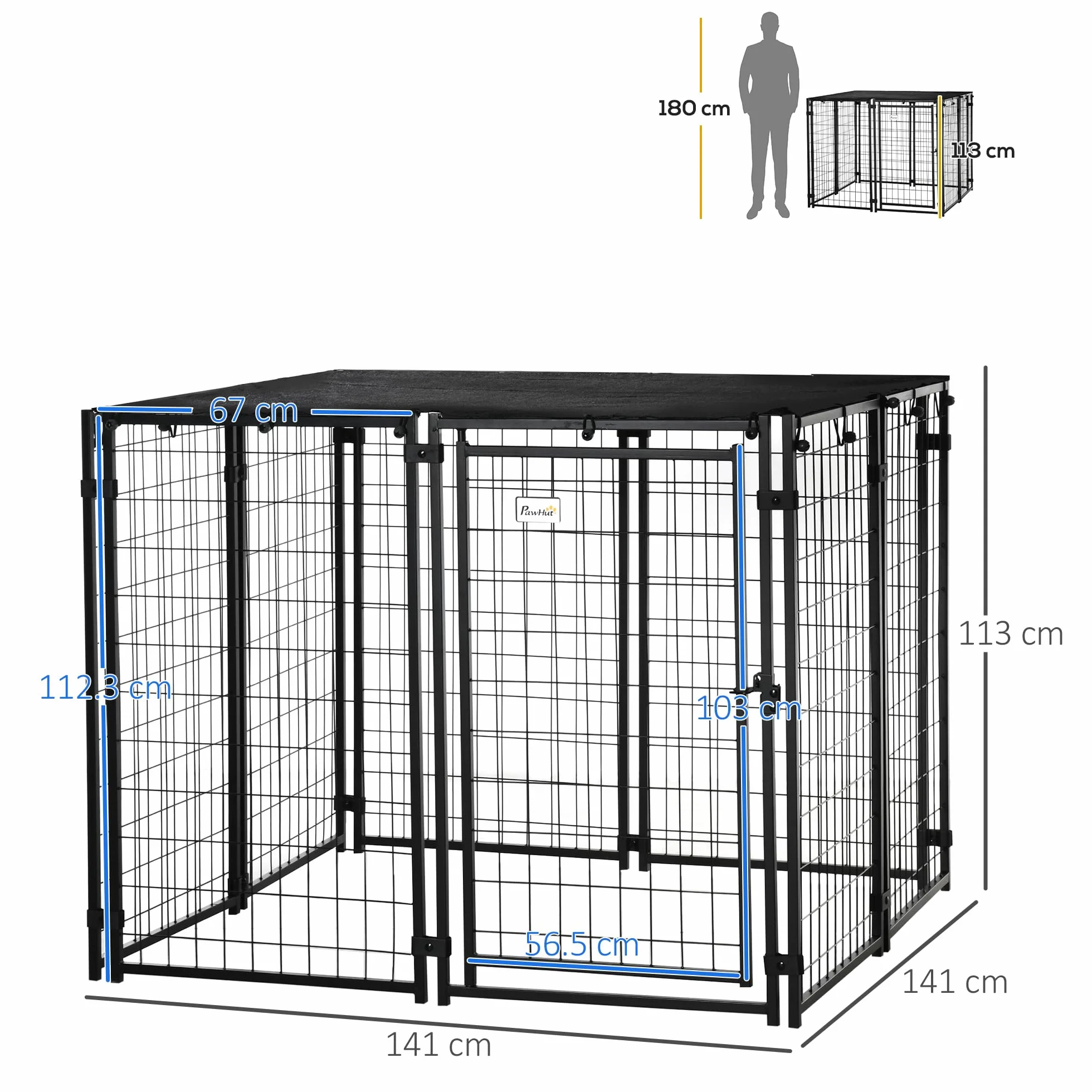 PawHut Recinto per Cani in Acciaio Pieghevole con Copertura, Box per Animali a 8 Pannelli con Porta Bloccabile, 141x141x113cm, Nero
