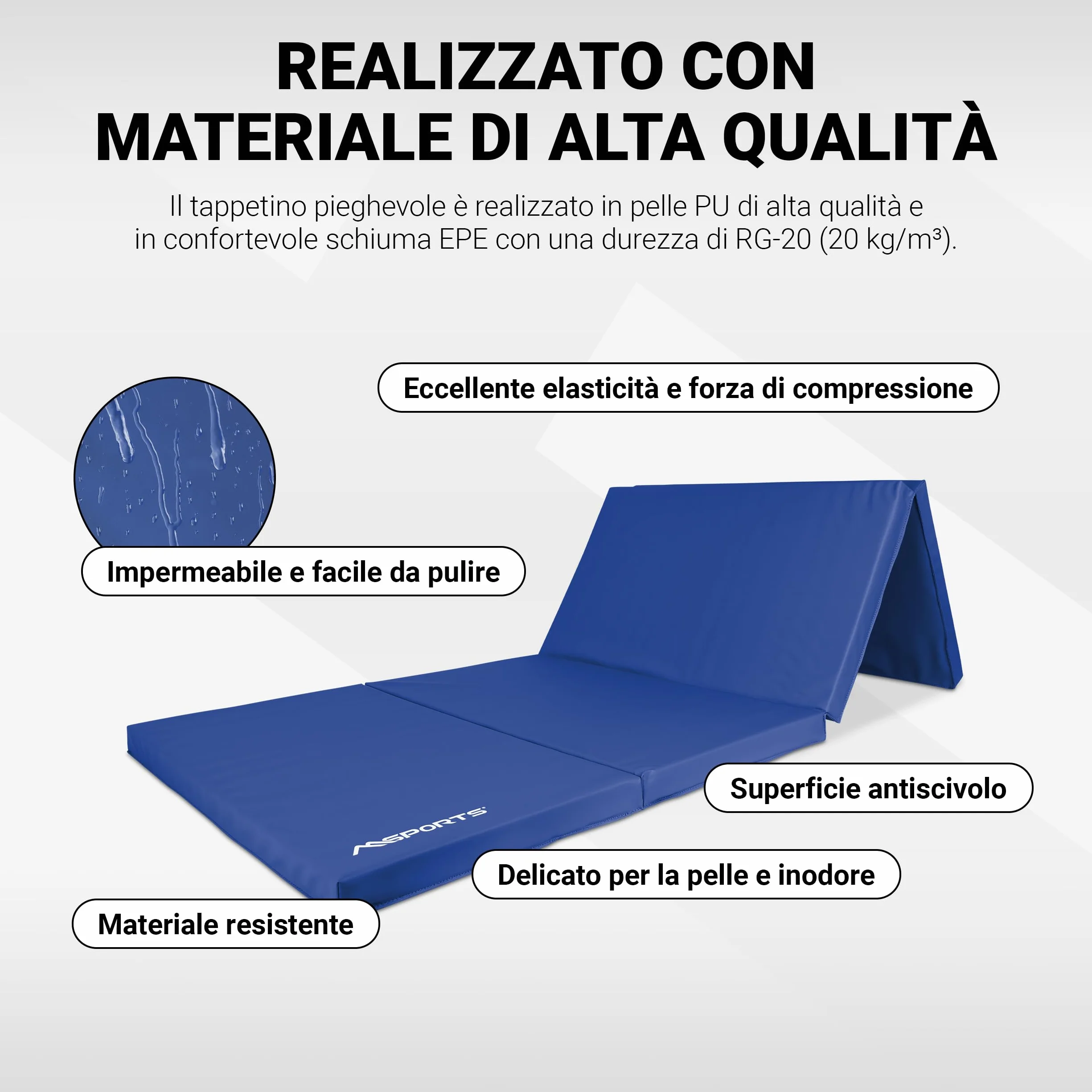 MSPORTS Tappetino da ginnastica di alta qualità, pieghevole, per pavimenti morbidi, 190 x 80 x 5 cm, per la casa, i bambini, gli adulti
