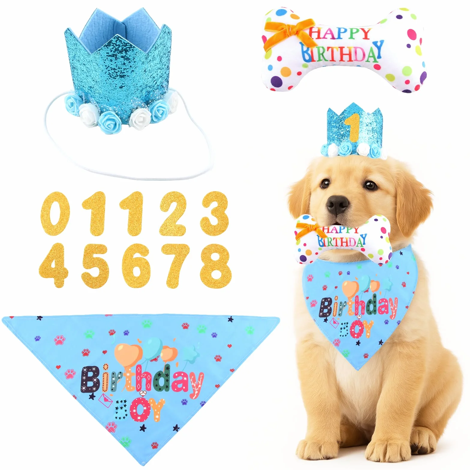Set Compleanno Cane 4 Pezzi Cappellino Bandana Giocattolo Osso Numeri Regalo Blu