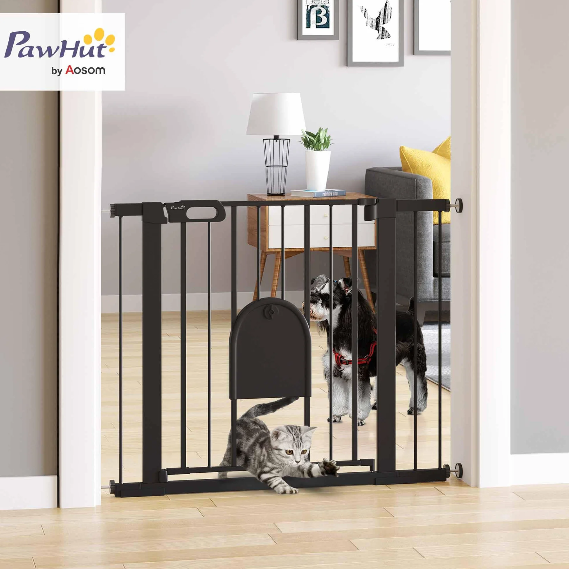 PawHut Cancellino per Cani Regolabile con Porta Piccola, Barriera per Cani con Chiusura Automatica, 75-103x76 cm, Nero