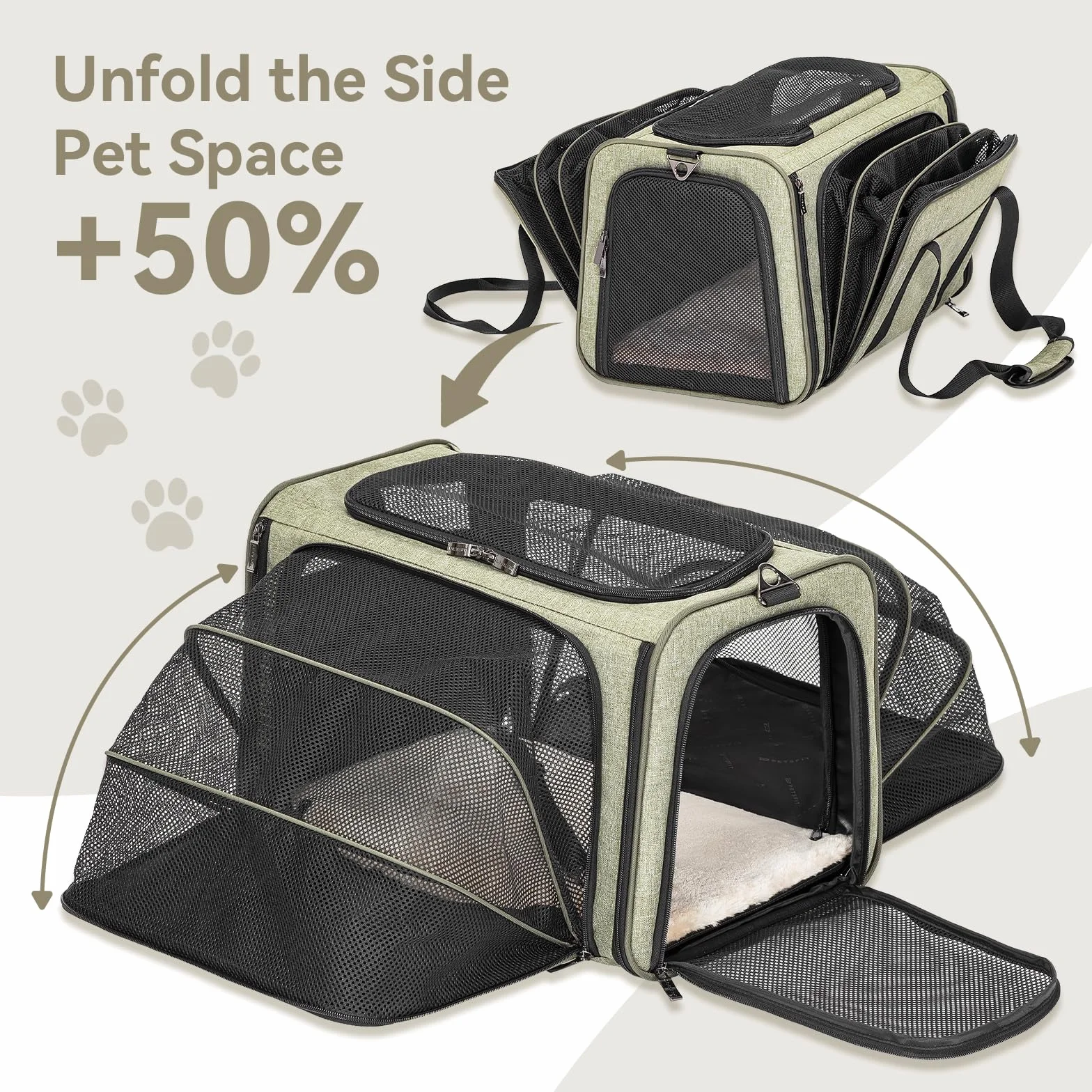 Petsfit Trasportino per gatti, espandibile, comodo trasportino pieghevole su due lati con tappetino in pile, trasportino per cani aperto nella parte superiore. Verde