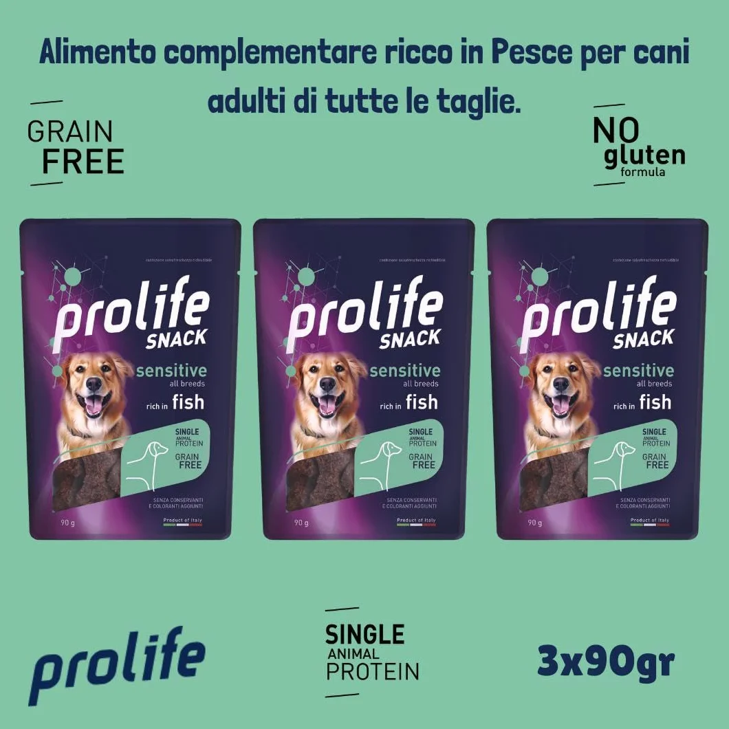Prolife Snack Cane Adult Sensitive gusto SALMONE, snack per cani adulti di tutte le taglie senza conservanti e senza cereali, grainfree, monoproteico | 3 bustine da 90 grammi l’una.