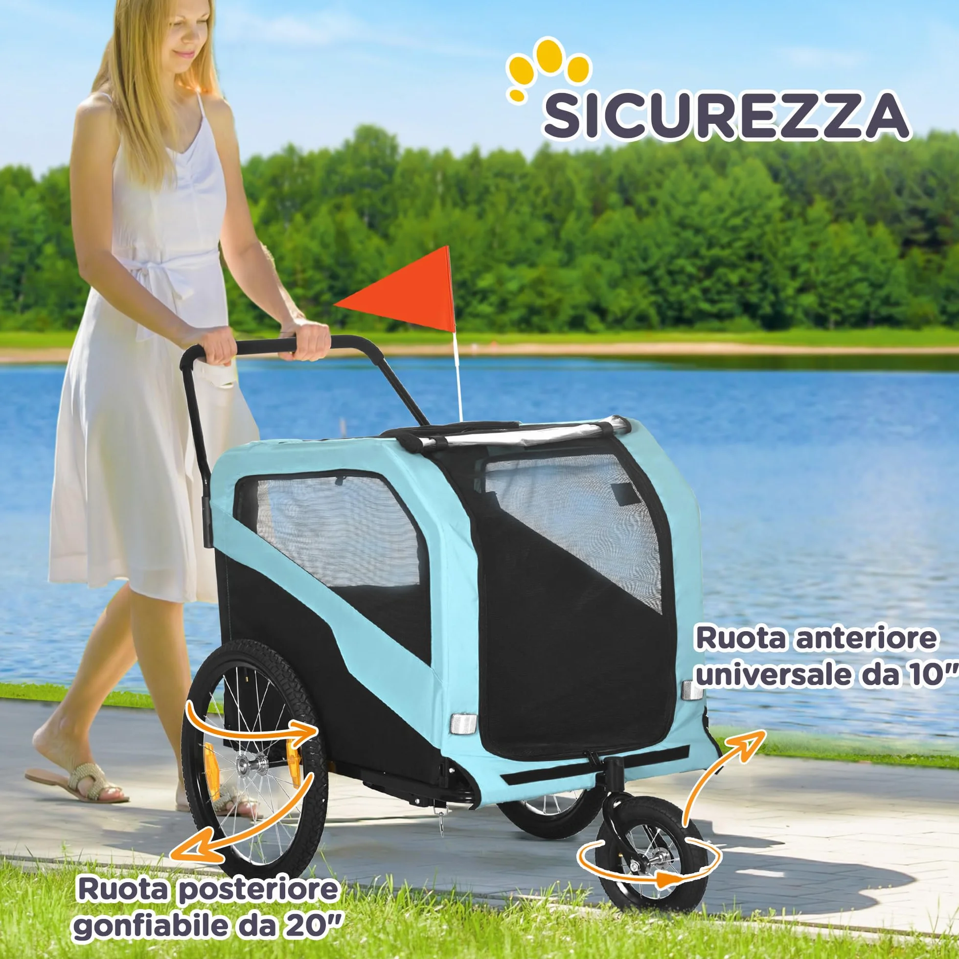 PawHut Rimorchio Bici per Cani 2 in 1 con 2 Ingressi e Tasche Portaoggetti, Passeggino per Cani 30kg max in Acciaio e Tessuto Oxford, Blu