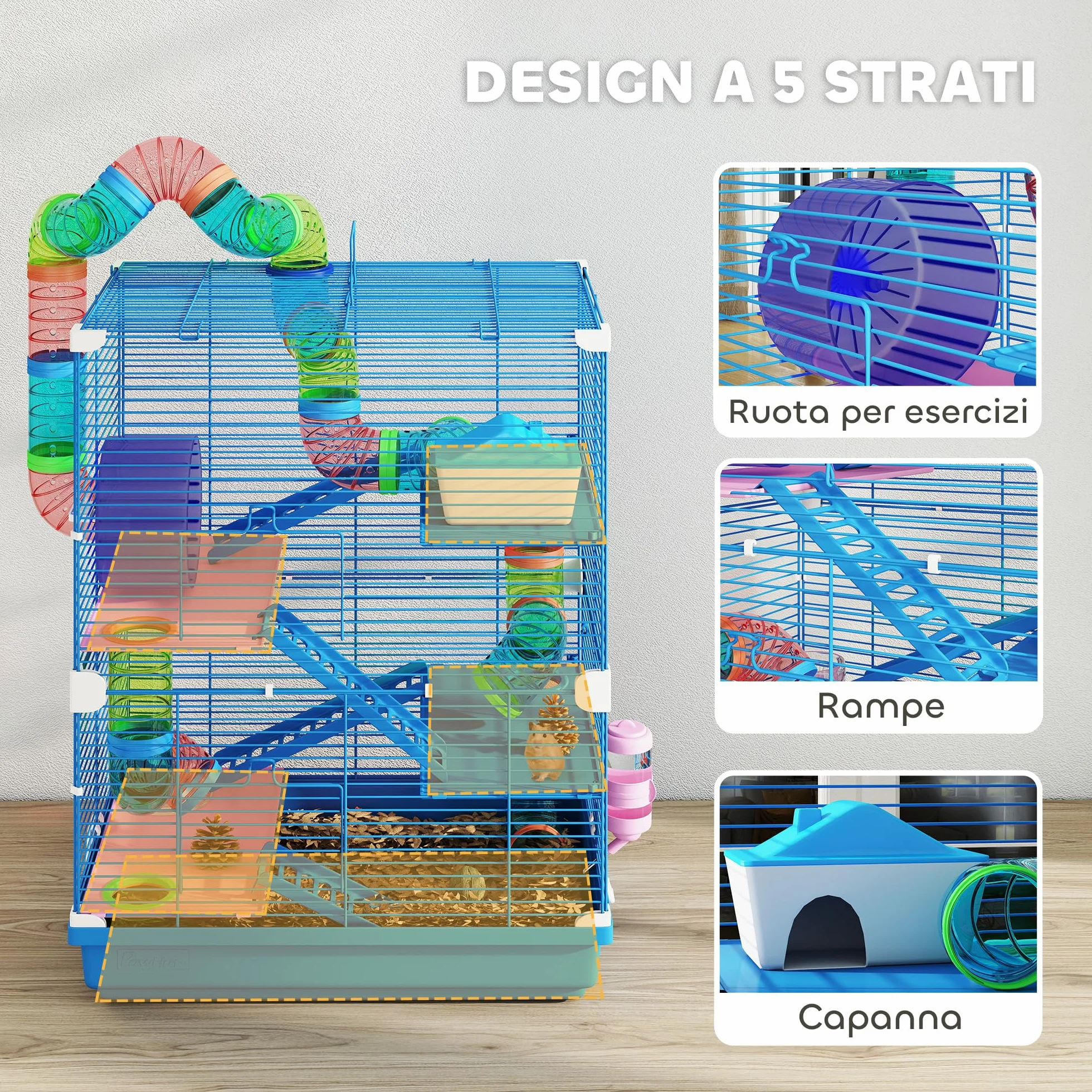 PawHut Gabbia per Criceti a 5 Livelli con Tubi, Ruota, Casetta, Scale e Bottiglia, Gabbietta per Roditori in Metallo e Plastica, 46x30x58 cm, Blu Scuro