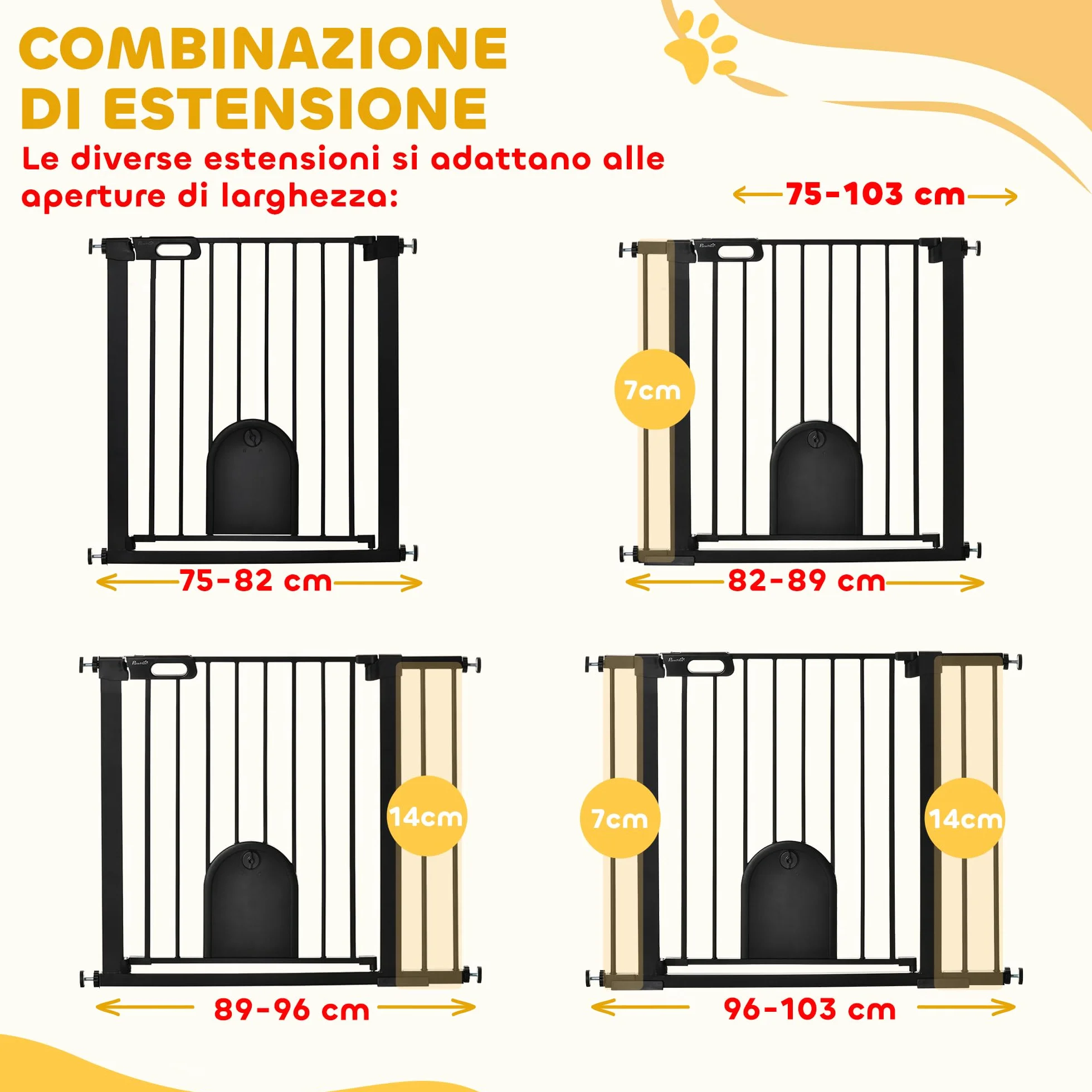 PawHut Cancellino per Cani Regolabile con Porta Piccola, Barriera per Cani con Chiusura Automatica, 75-103x76 cm, Nero