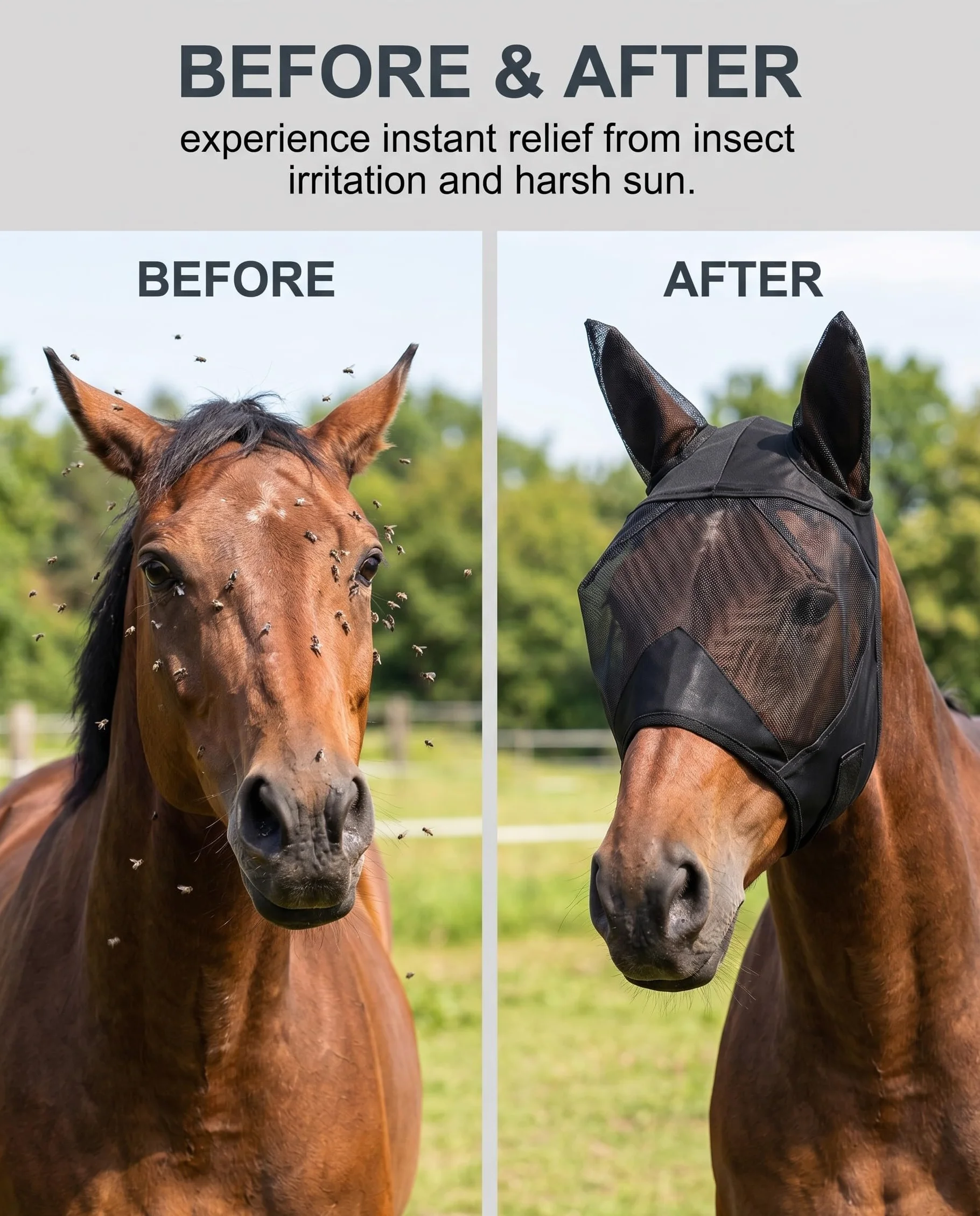 1pz Maschera Cavallo Nera, Protezione Mosche e UV Traspirante, Anti-Insetti, con design ergonomico per comfort e benessere equino