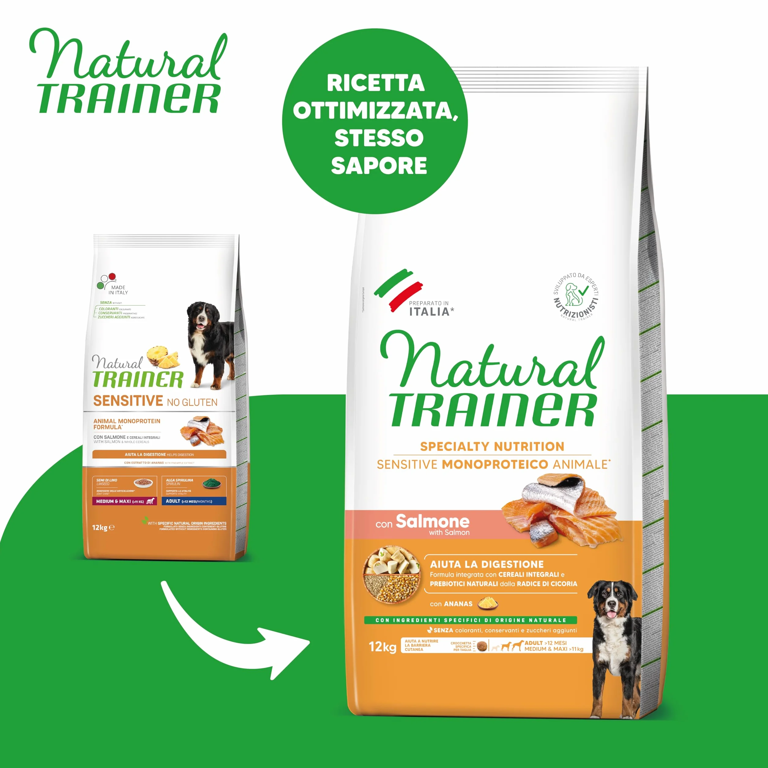 Trainer Sensitive No Gluten Adult Con Salmone E Cereali Integrali, Agnello, 12 kg