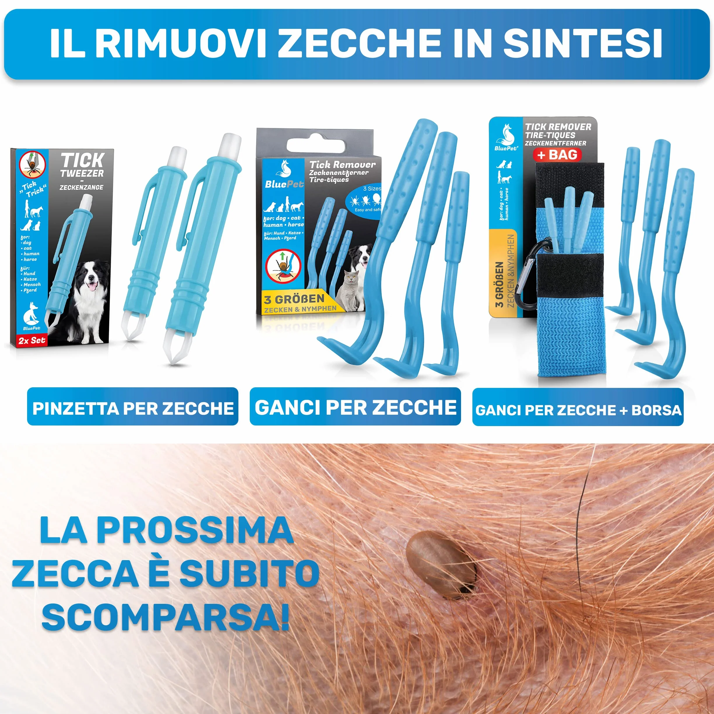 BluePet 3X Ganci per Zecche per Cani, Gatti, Cavalli e Umani - Rimuovi Zecche, Pinza per Zecche per Cane, Gatto, Uomo, Alternativa alle Pinzette per Zecche, Togliere Zecche e Tira Zecche