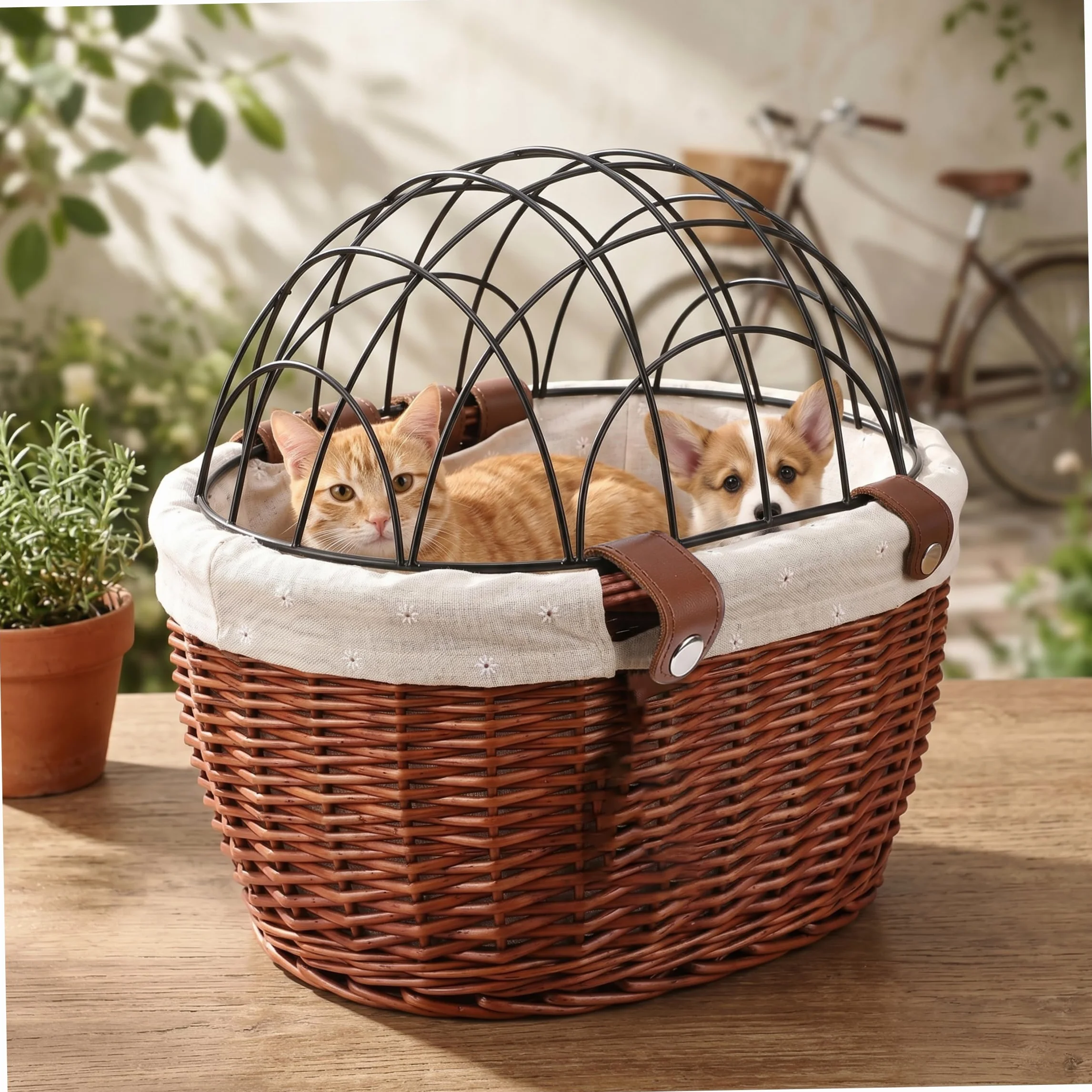Cestino per cani da bicicletta vintage – Trasportino per animali in vimini intrecciato a mano con coperchio in ferro e cinghie di sicurezza pelle, marrone