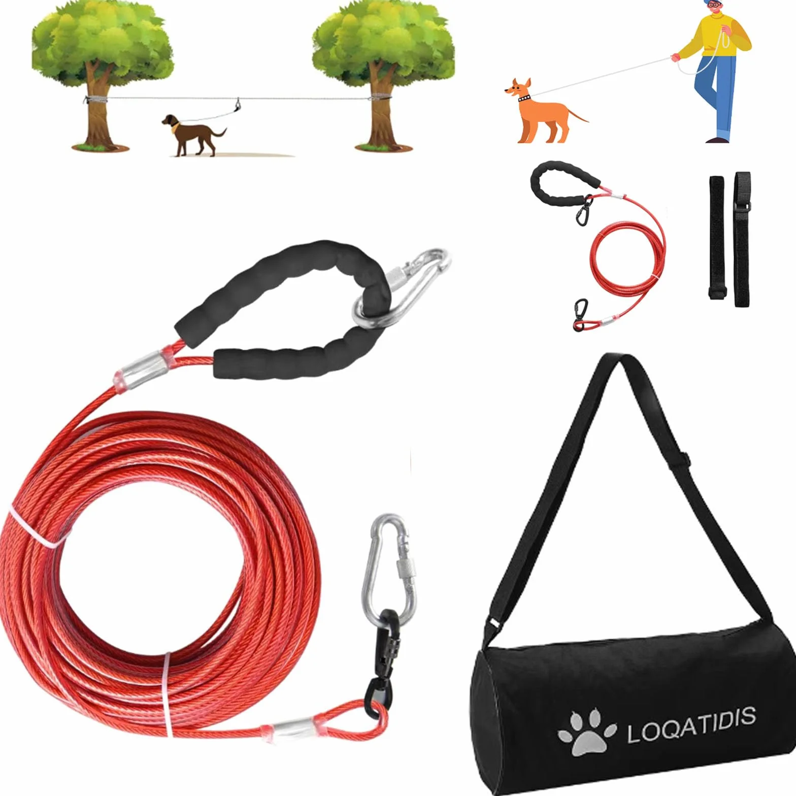 Cavo per legare cani 3 in 1, Filo in acciaio inossidabile per carichi pesanti, Sistema di carrello aereo portatile da 15m, Durevole e resistente al guinzaglio per cani di taglia grande