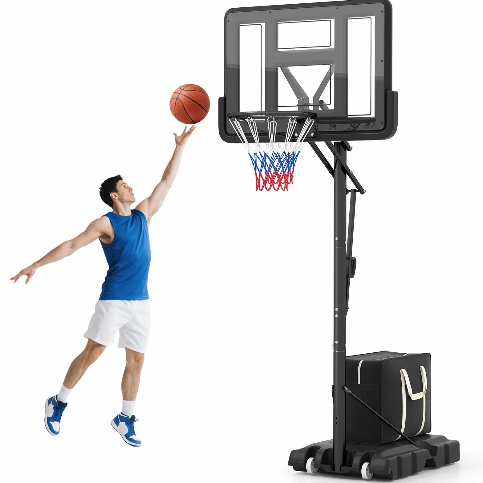 COSTWAY Canestro da Basket da Esterno, Canestro Basket Portatile e Regolabile in Altezza da 1,5 a 3 M con Tabellone in PC da 111 cm, Base Riempibile, Borsa per Pesi e Ruote