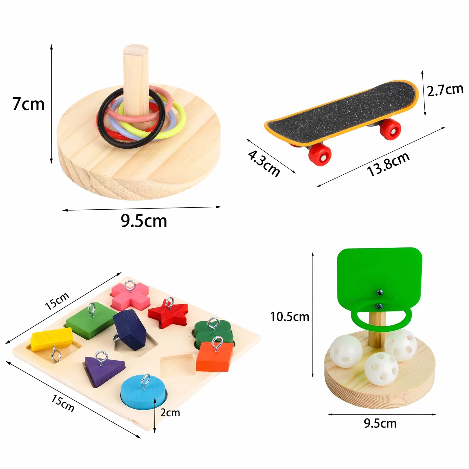 Giocattoli Pappagalli Set di 4 Giochi Addestramento Uccelli Pappagallino Ondulato Scooter Basket Anello Impilabile Riconoscimento Blocchi Legno Calopsitta