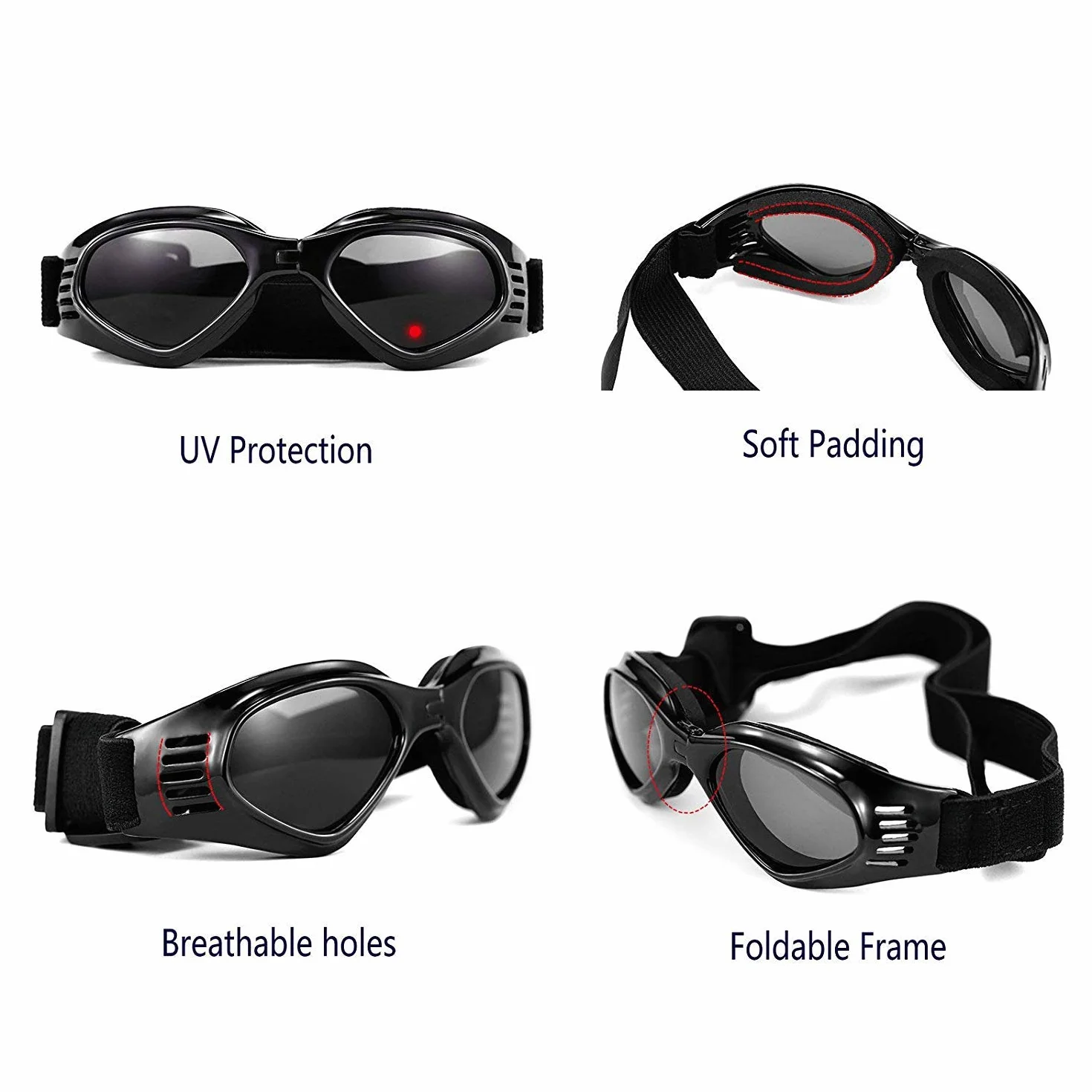 XUNKE Occhiali da Sole e protettivi per Cani di Piccoli Taglia, Anti UV, Impermeabili, Pieghevole Pet Dog Occhiali (Black)
